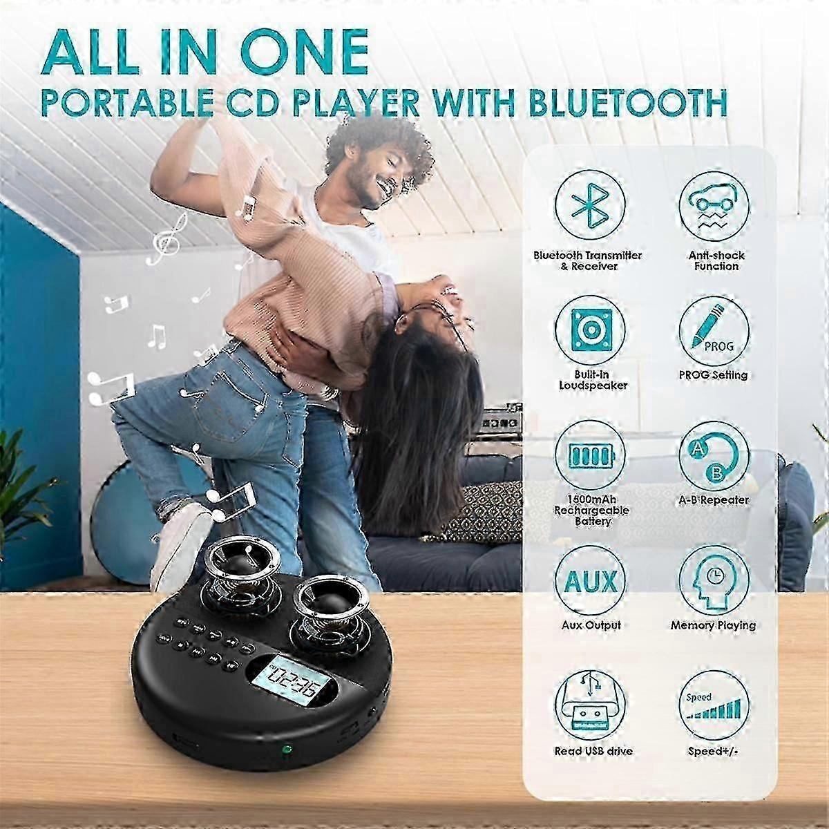 Portable CD Player,Bluetooth CD Player with Speakers Rechargeable CD Player ASP LCD Display_ynar