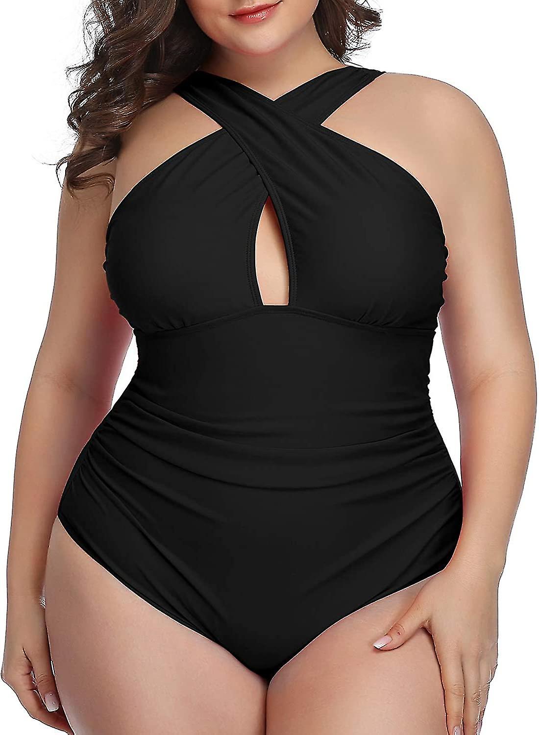 Womens Front Cross Plus Size One Piece Swimsuits Tummy Control Keyhole Bathing Suits Sw