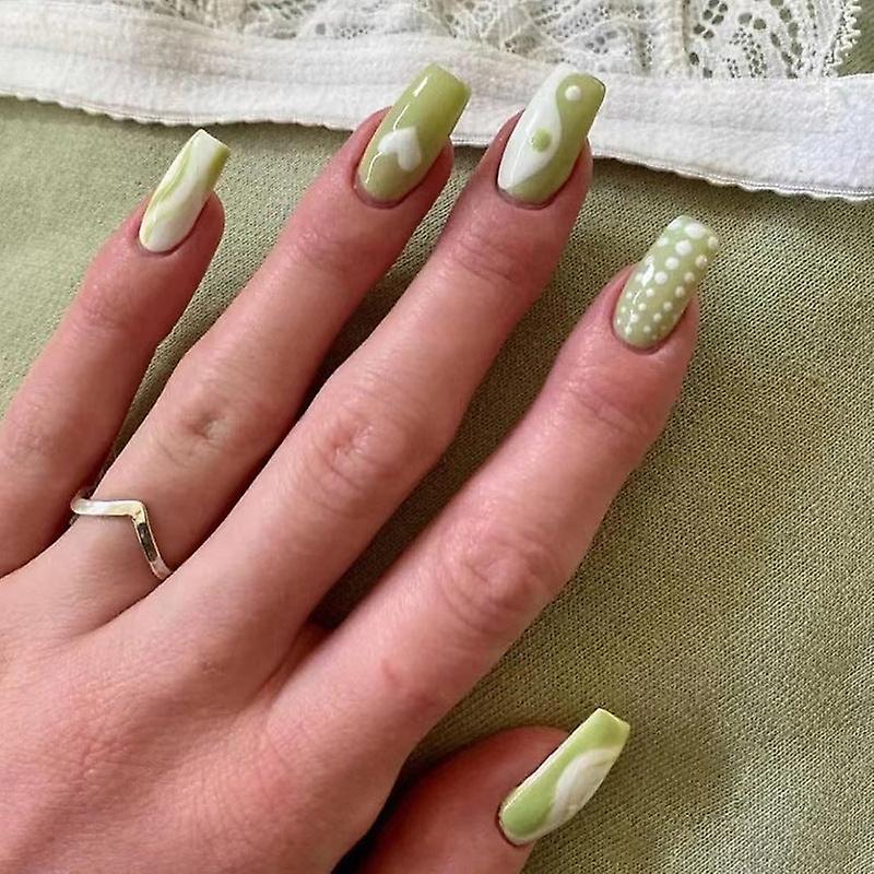 False Nail Tips Fake Artificial Art DIY Finger Cover Mid Length Square Head Grass Green Finished