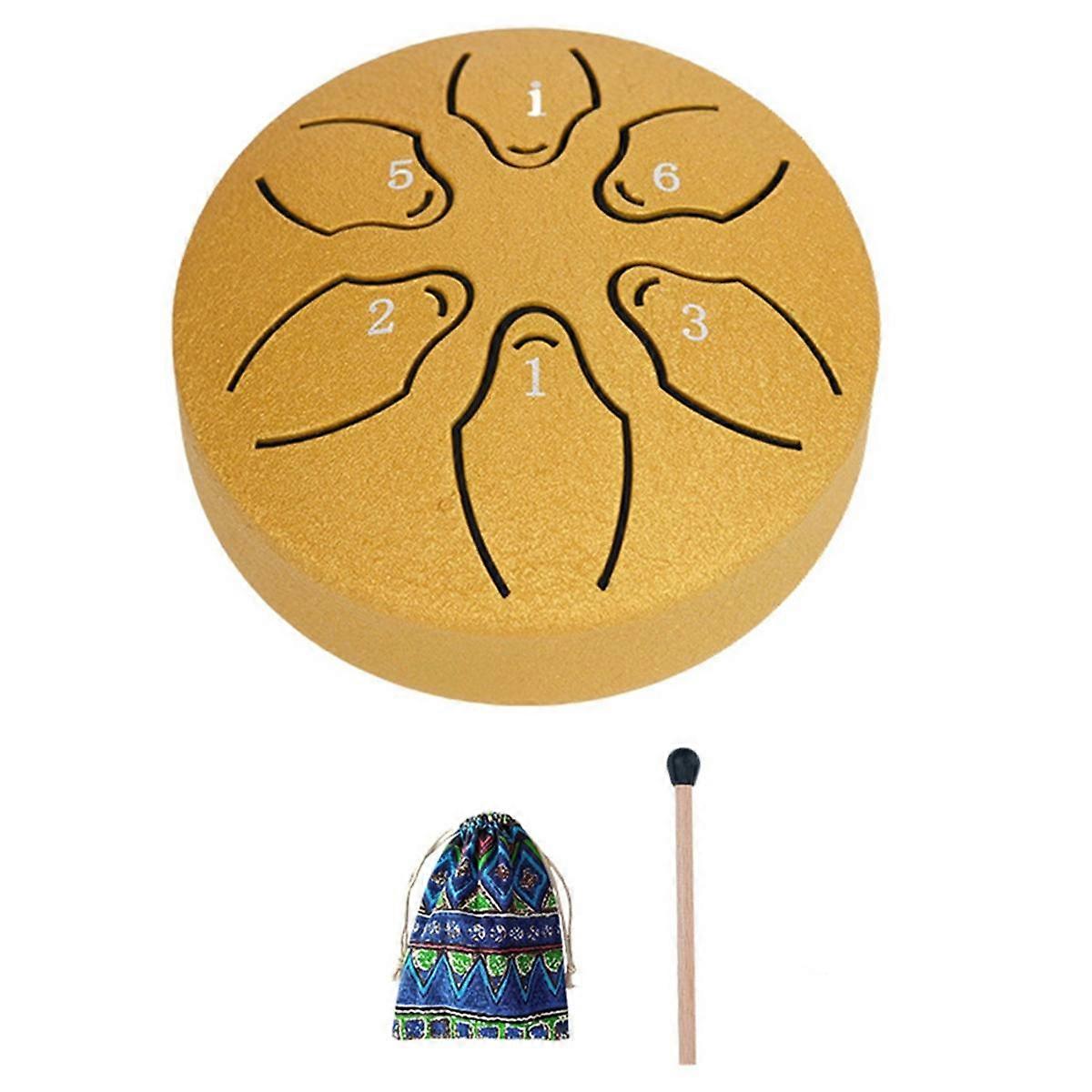 Rain Drum for Outside Steel Tongue Drum, 6 Notes 3 Inches Chakra Tank Drum Steel Percussion Padded Mallets Gold