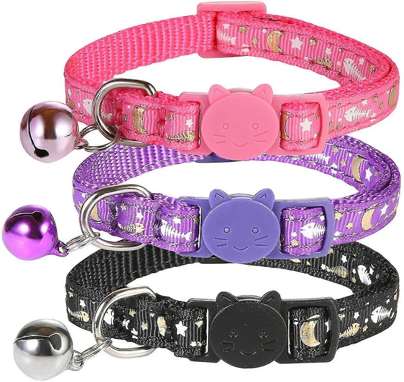 Pcs Anti Strangulation Collars, Adjustable And Luminous Collars With Bell And Safety Buckle For Cat Kitten Puppy, Black+purple+pink