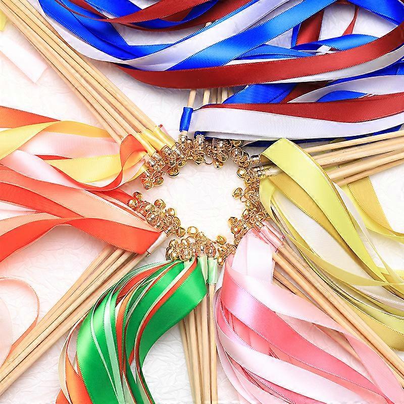 30 Pieces Multi-Color Ribbon Wands Streamers Sticks with Gold Bell, Chromatic Silk Wish Wands Fairy Stick Party Rhythm Ribbon Streamers ,Random Color