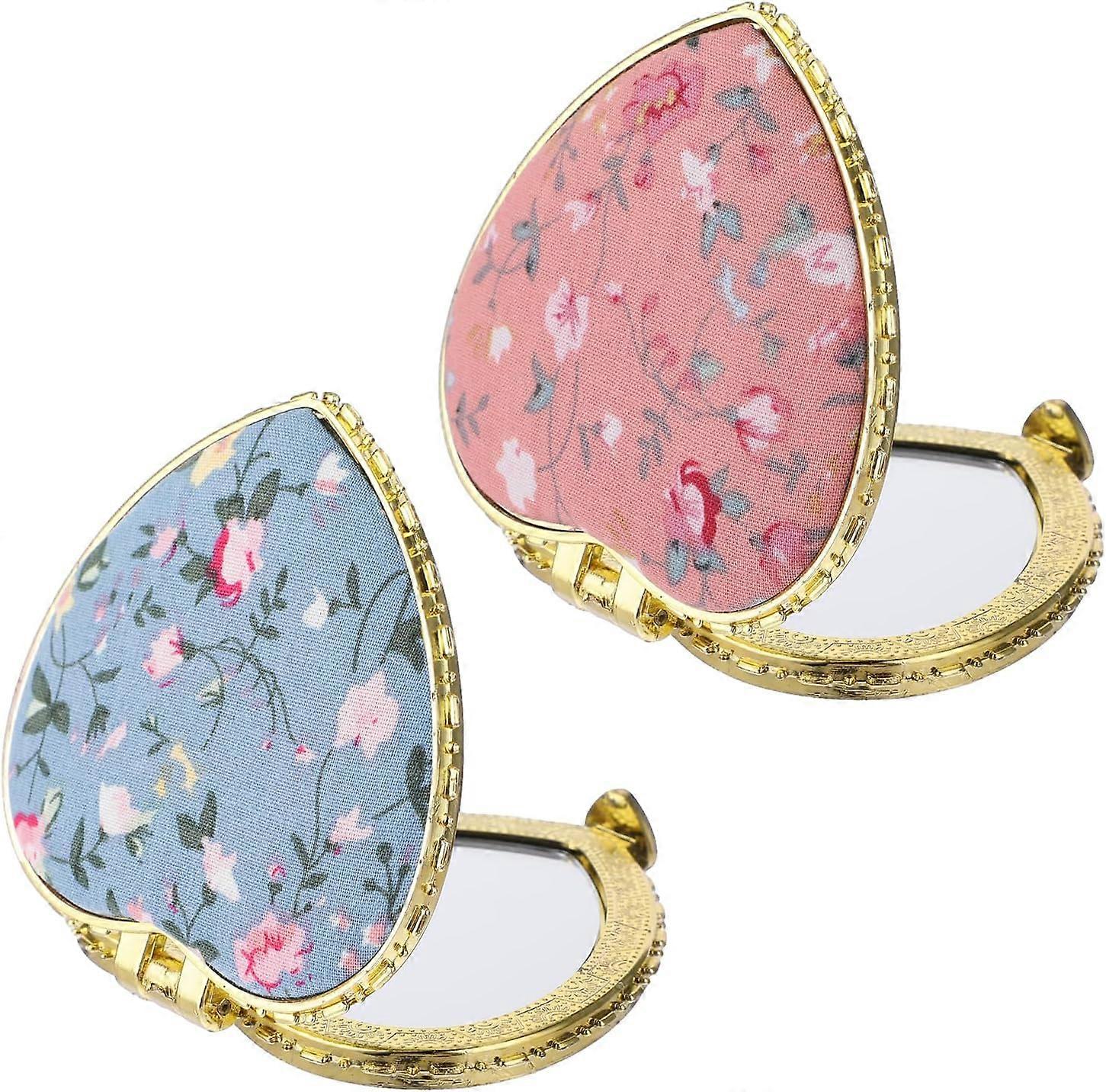 2 Pcs Compact Mirror for Purse,  Heart Folding Mini Handheld Mirror for Pocket (Pink, Blue)
