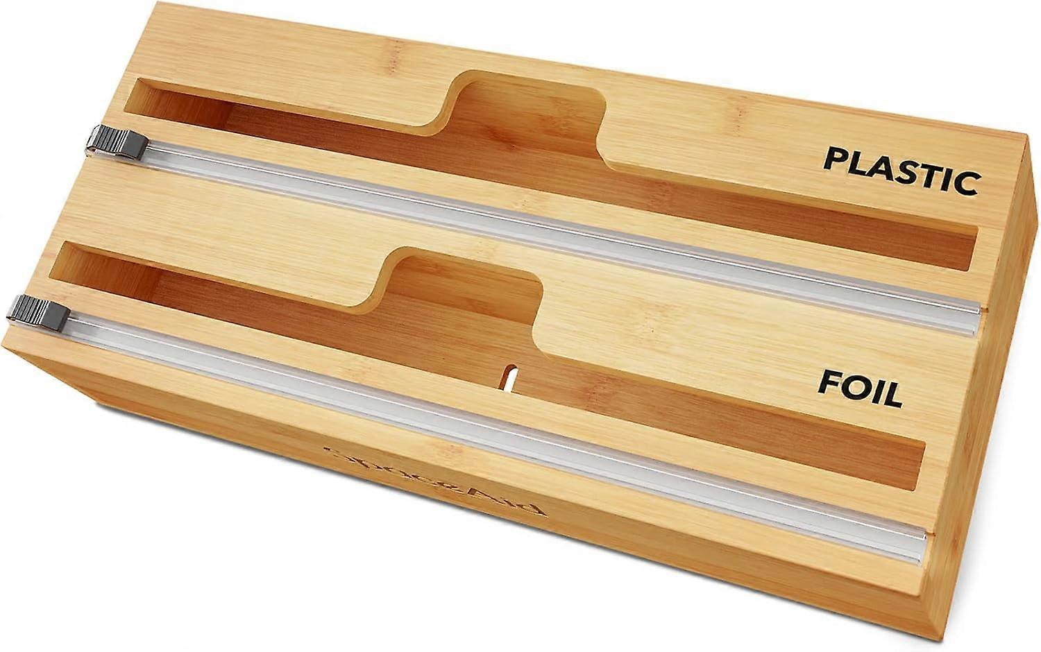 2 in 1 Wrap Dispenser with Cutter and Labels, Plastic Wrap, Aluminum Foil and Wax Paper Dispenser for Kitchen Drawer, Bamboo Roll Organizer Holder, C