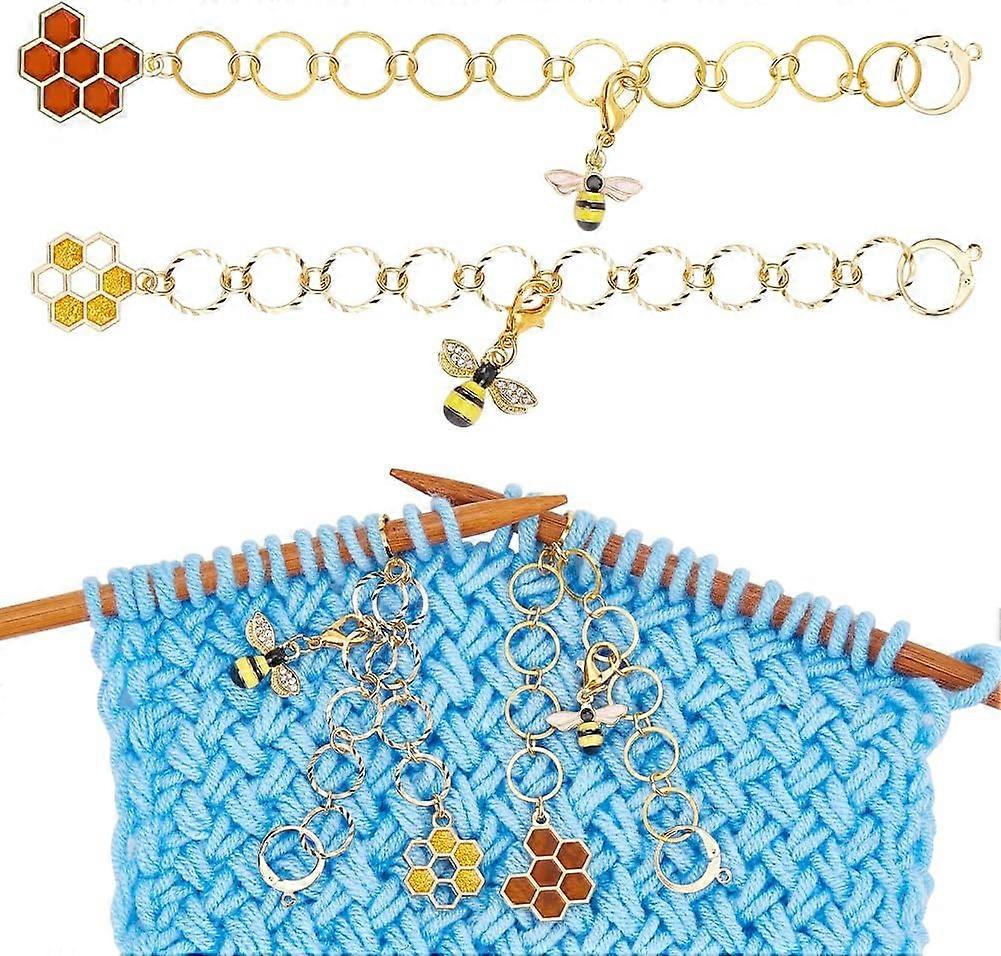 2 Pcs 2 Styles Bee Honeycomb Knitting Row Counter Chains Row Counting Accessories with Brass Linking Ring and Enamel Bee Pendants for Sewing Knitting