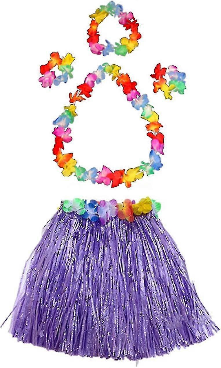 Lány rugalmas hawaii hula táncos fűszoknya virágjelmez szettel -lila születésnapi yu