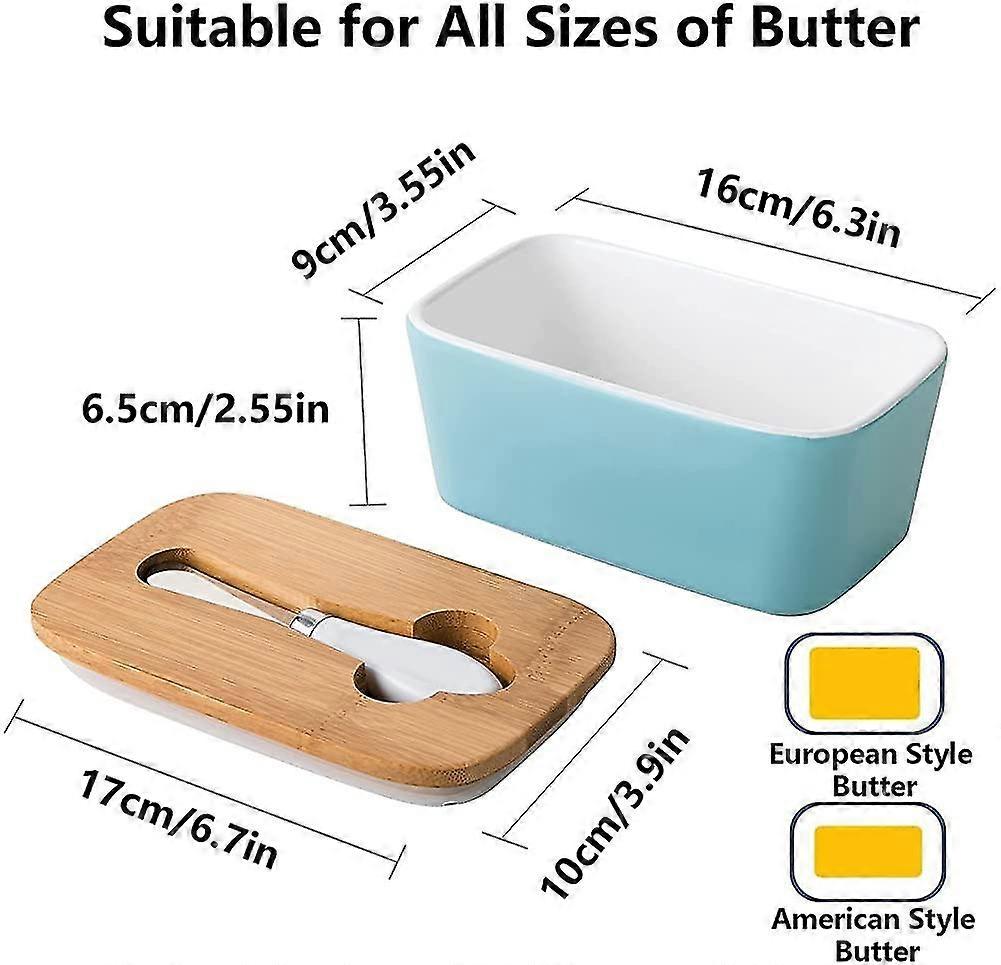 Porcelain Butter Dish With Knife & Wooden Lid. Airtight Butter Keeper