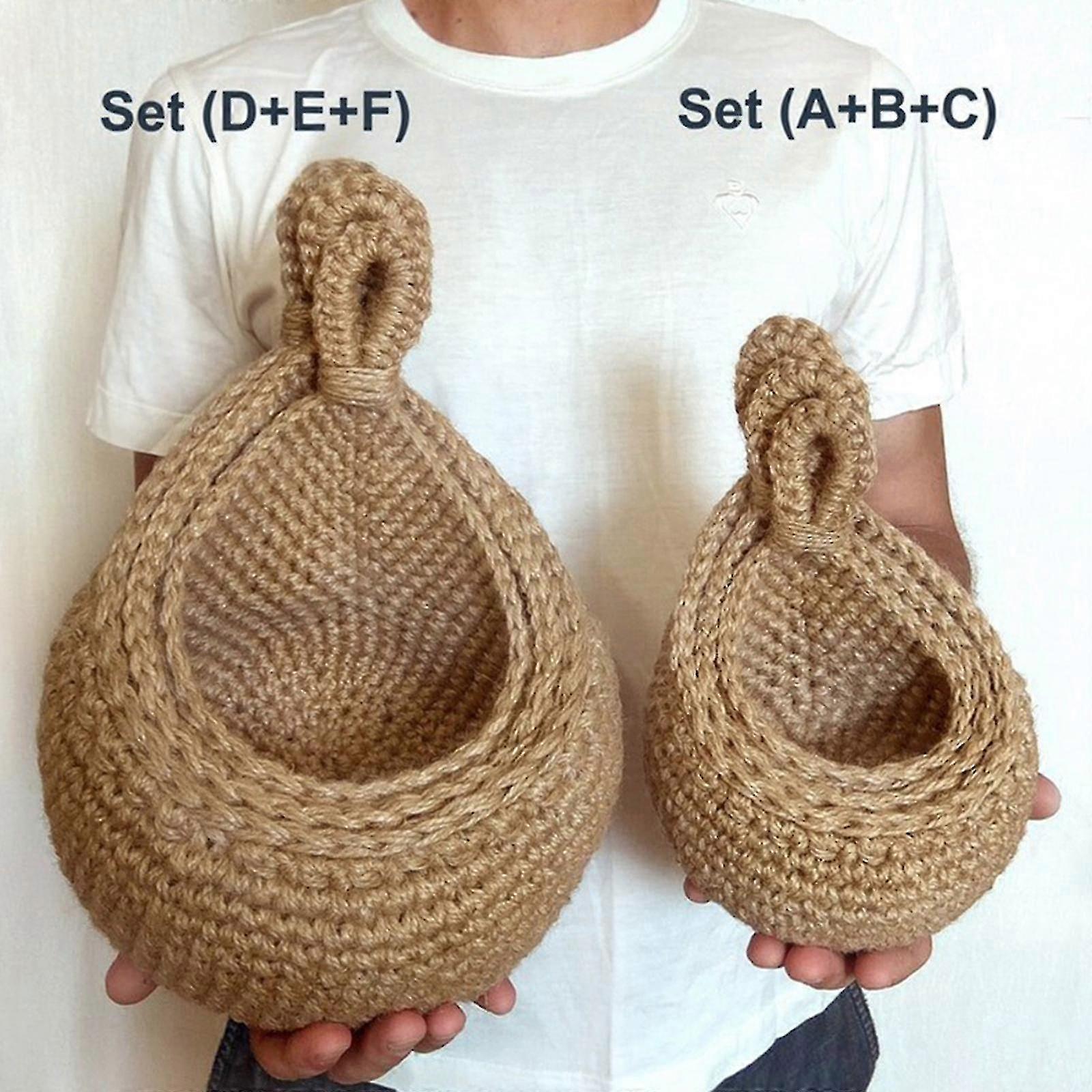 3 st väggmonterade frukt- och grönsakskorg, hängande förvaringskorg i jute, handflätad förvaringskorg, för grönsaker, frukt, verktyg