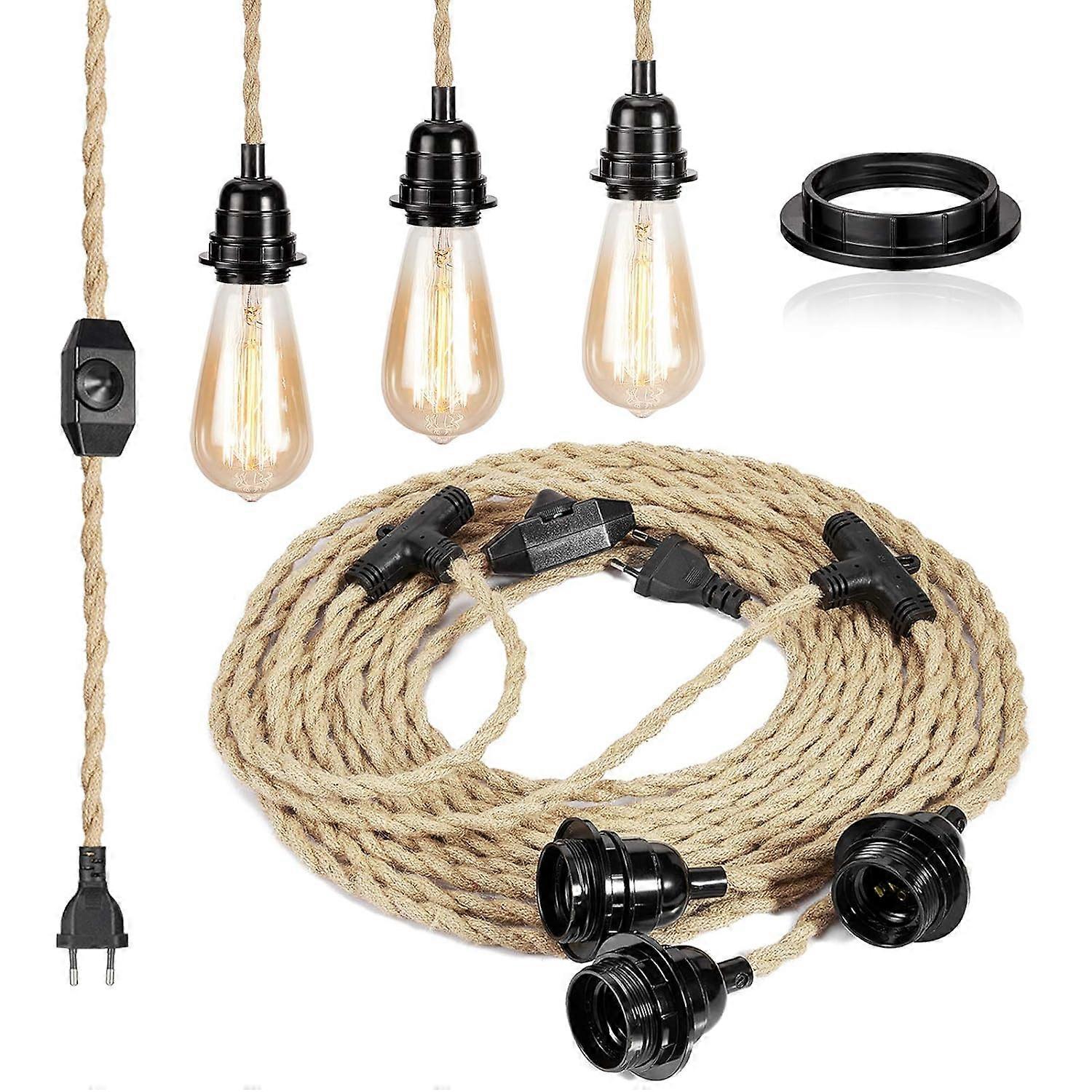 6.8M 2-Conductor Linen Electric Cable, with E26/E27 Socket (3 sockets) and Dimmable Switch, for DIY Lamp (without bulb)