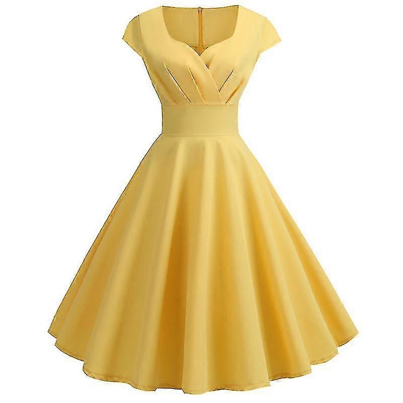 Summer New Retro Style Temperament Small V-neck Short-sleeved Large-swing Solid Color Dress Mid-skirt Dress Skirt