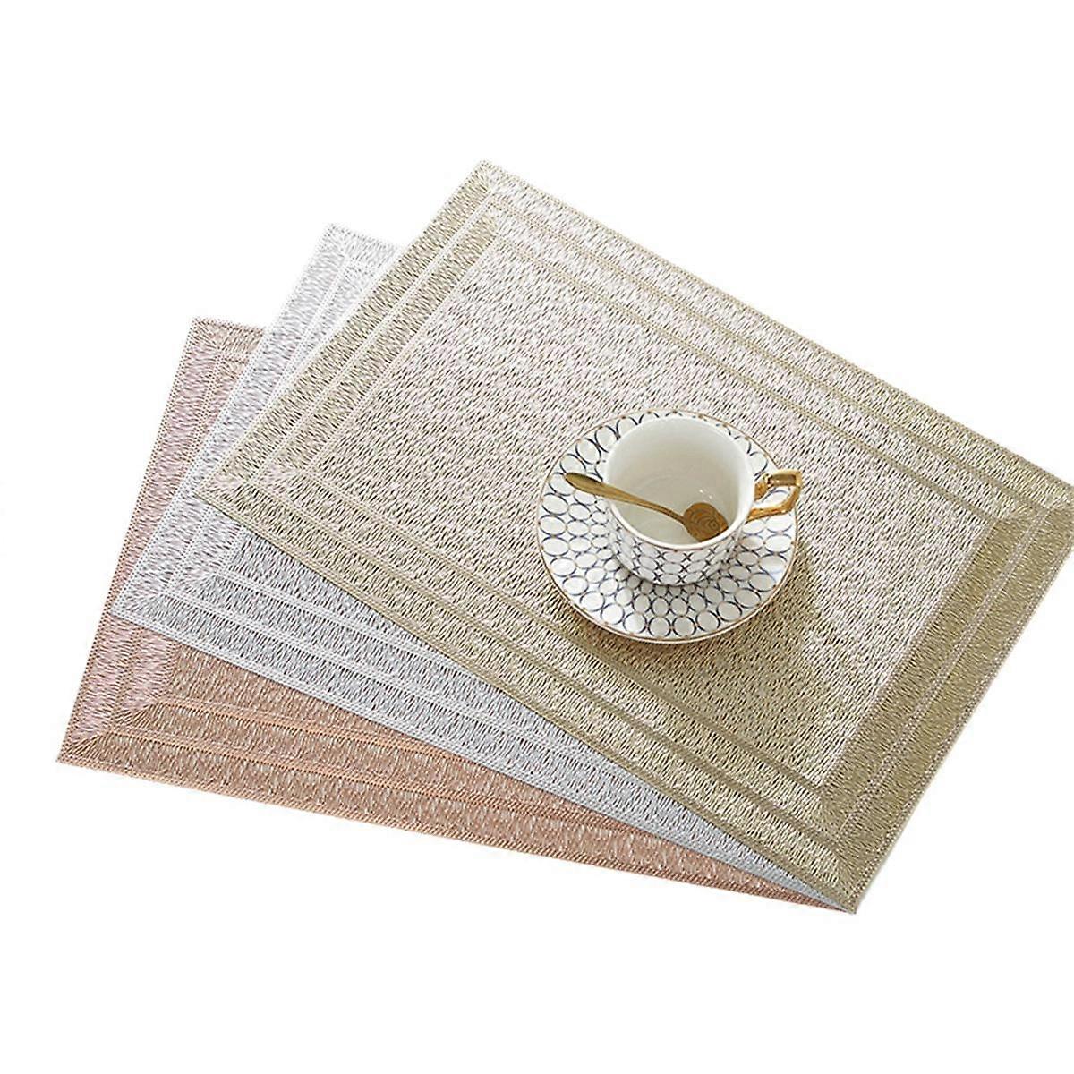 6Pcs Rectangular Woven Table Mat Slip 18x12 Inches Textured Scratch Proof PVC Table Mats, for Kitchen Home Decor Silver