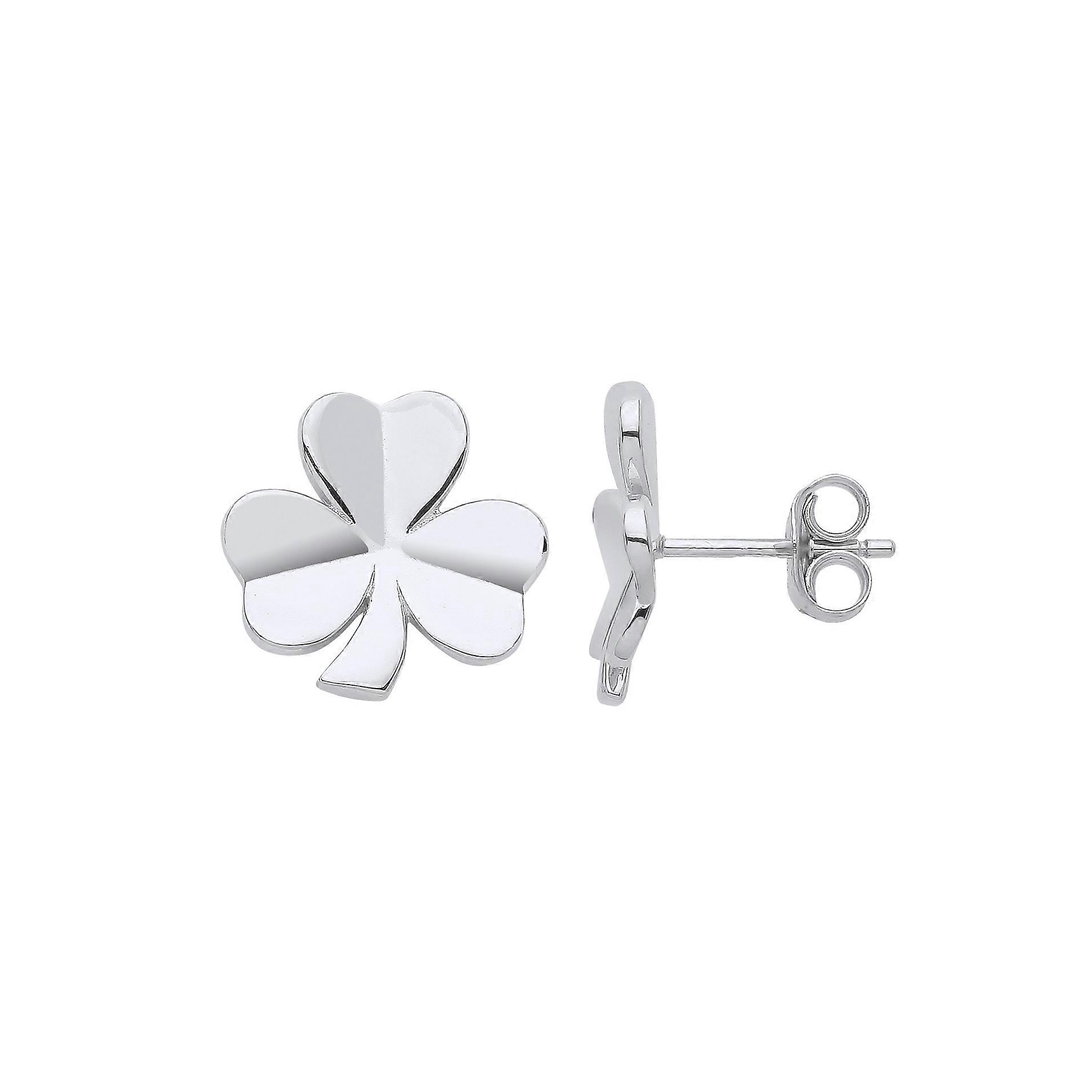 Jewelco London Ladies Rhodium Plated Sterling Silver Love Heart 3 Leaf Clover Stud Earrings