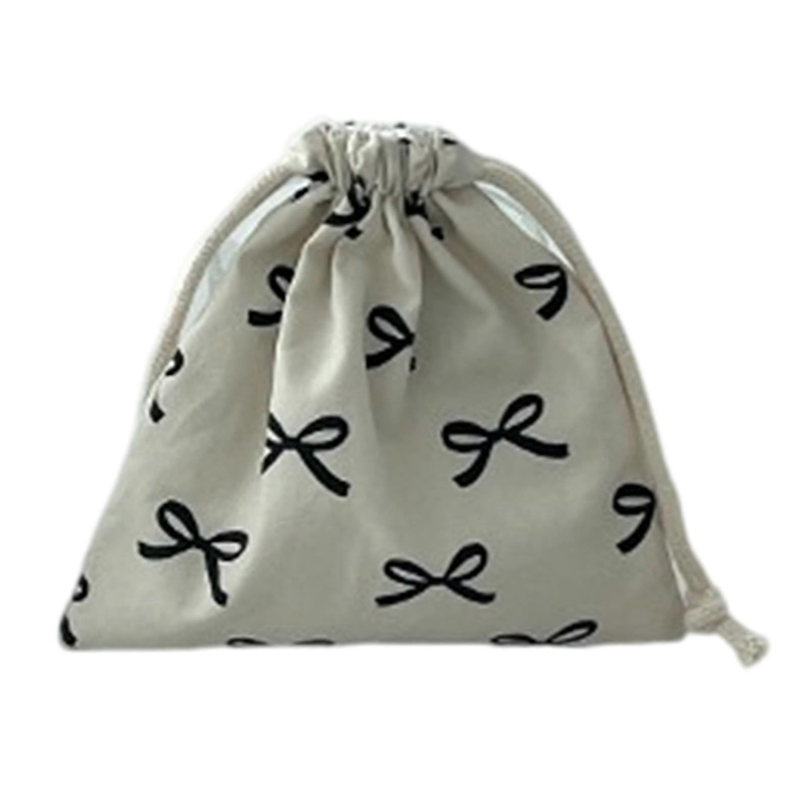 Chic Ribbon Bowknot Pull String Small Bag Functional Cotton Pull Bag with Bowknot Ribbon for Earphones Lipsticks Keys White S