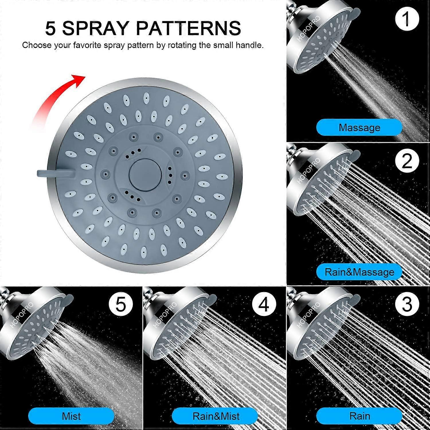 HOPOPRO Soffione Doccia Fisso Ad Alta Pressione 15,2 Cm – 5 Modalità Con Ugelli Autopulenti – Nichel Spazzolato - 3