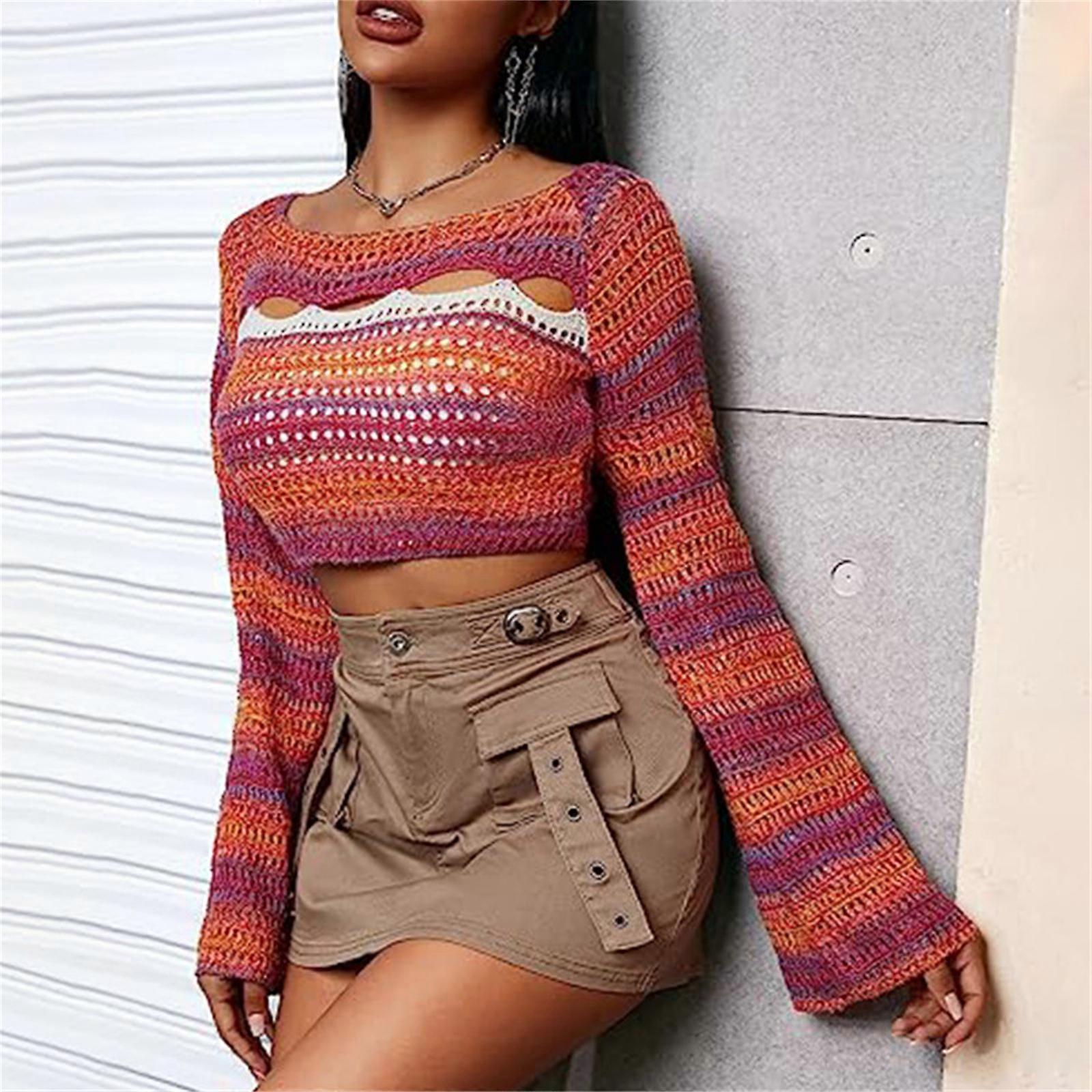 SHEIN Essnce Women's Round Neck Hollow Out Cropped Sweater With Flare Sleeves Fo