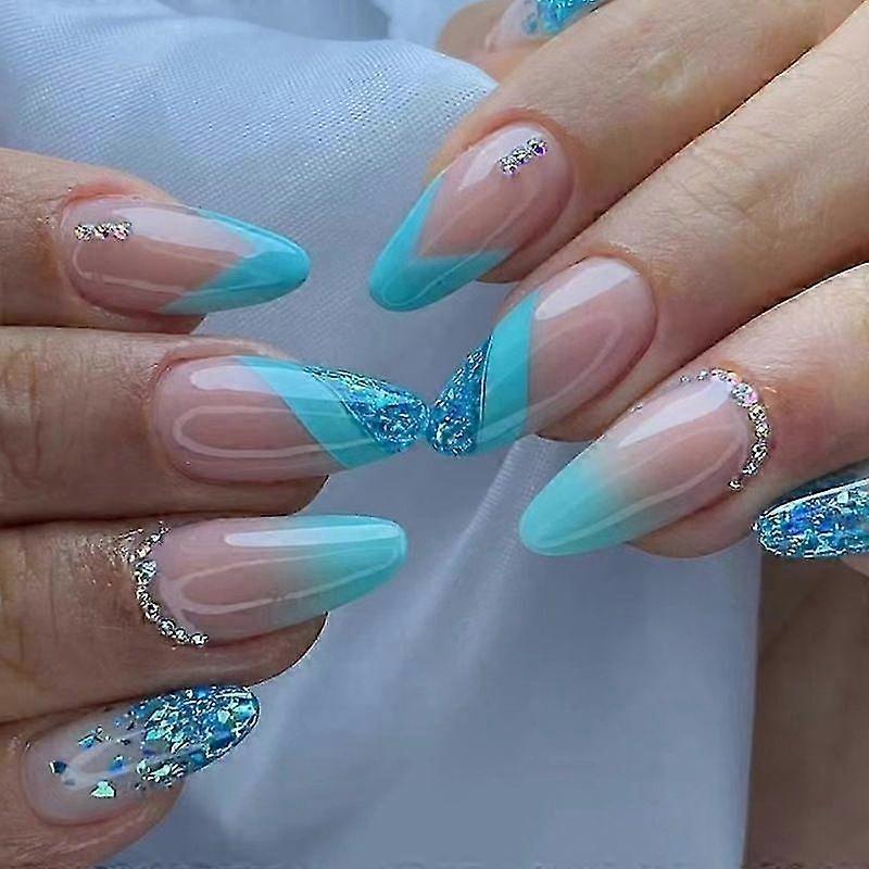 24pcs Blue Gradient Design Full Coverage Waterproof Removable Press on Nail Art