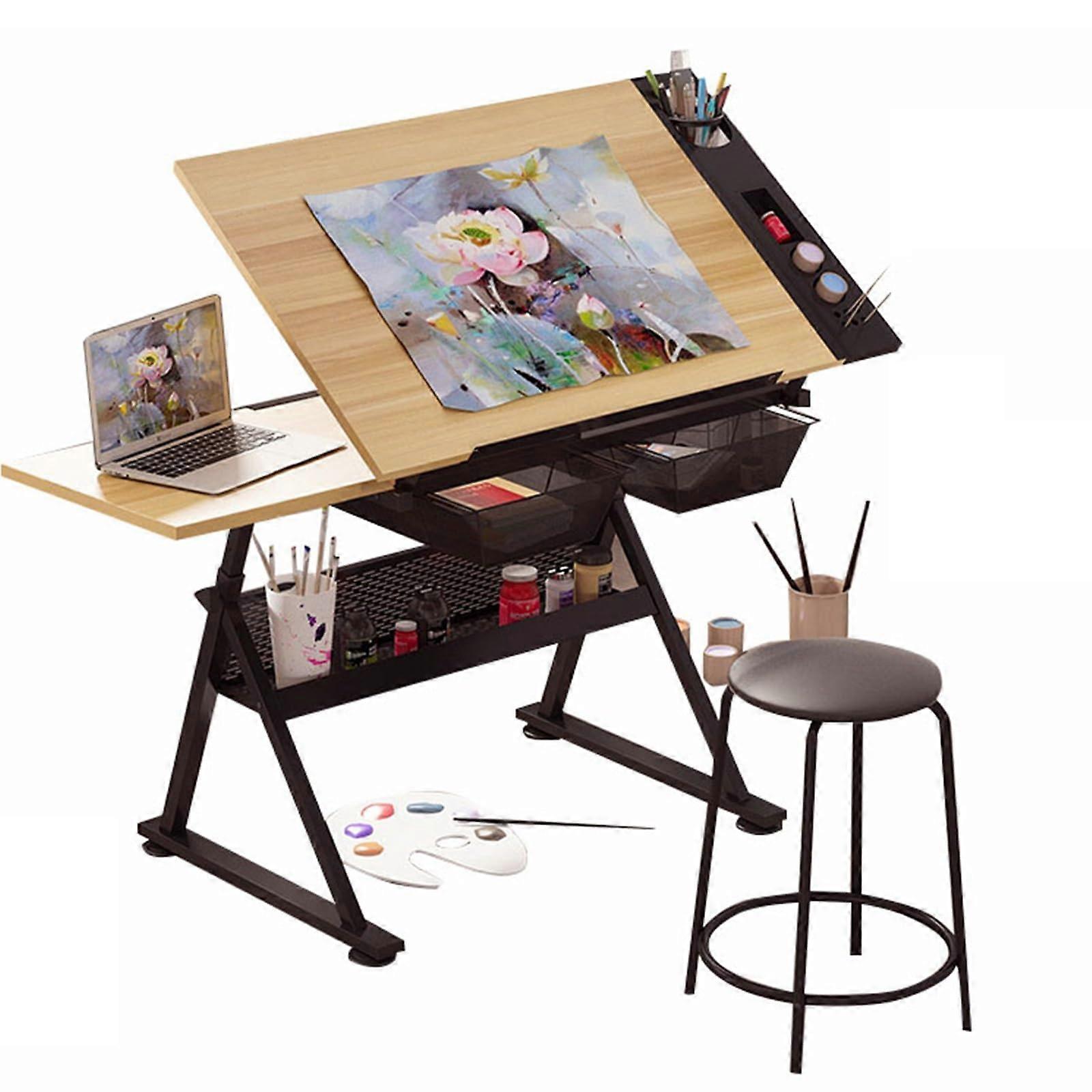 Electric Lift Table, Solid Wood Drawing Table, Adjustable Height and Angle, Black