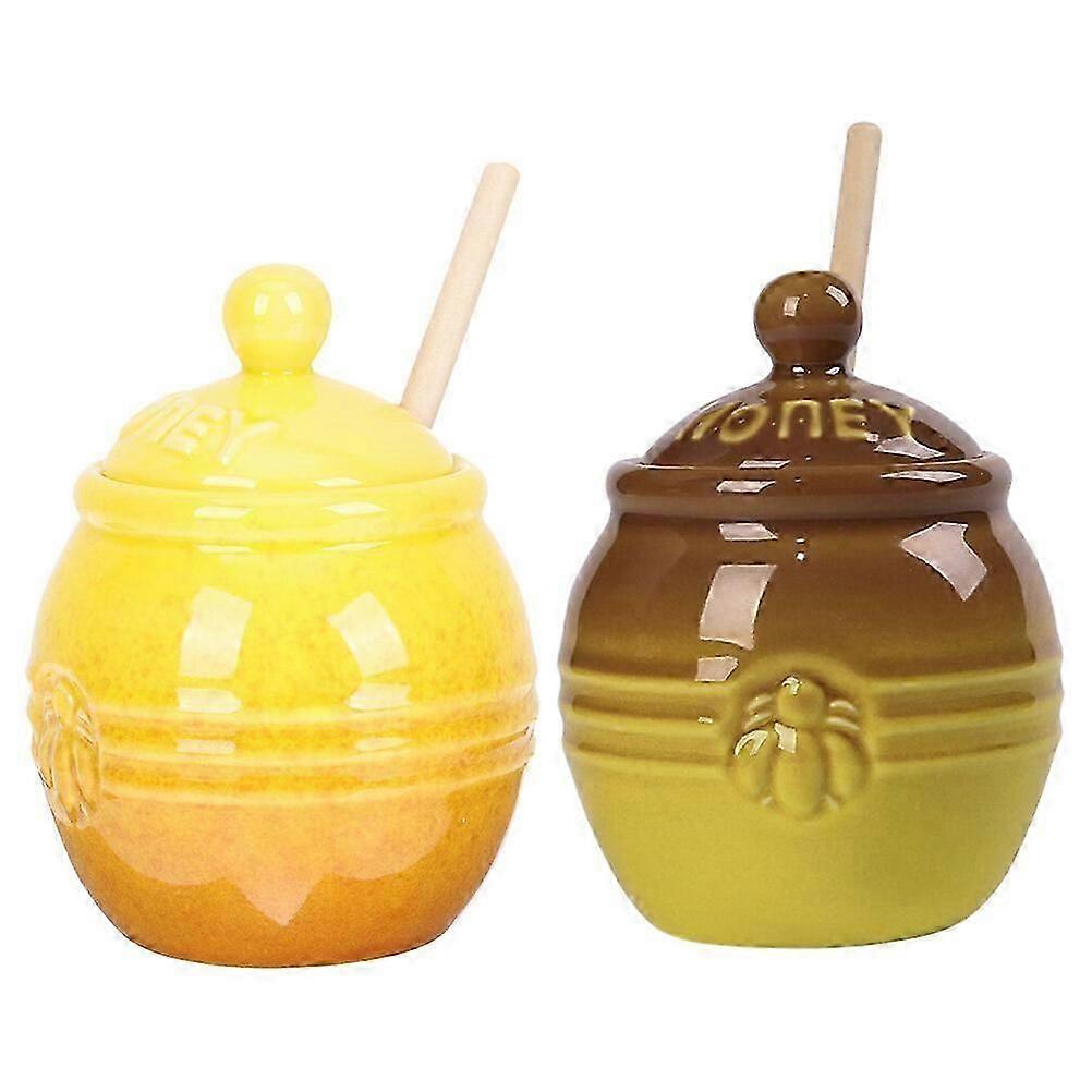2 Set of Honey Holder Jar Lidded Honey Pot with Stirring Rod Ceramic Storage Honey Canister Jar