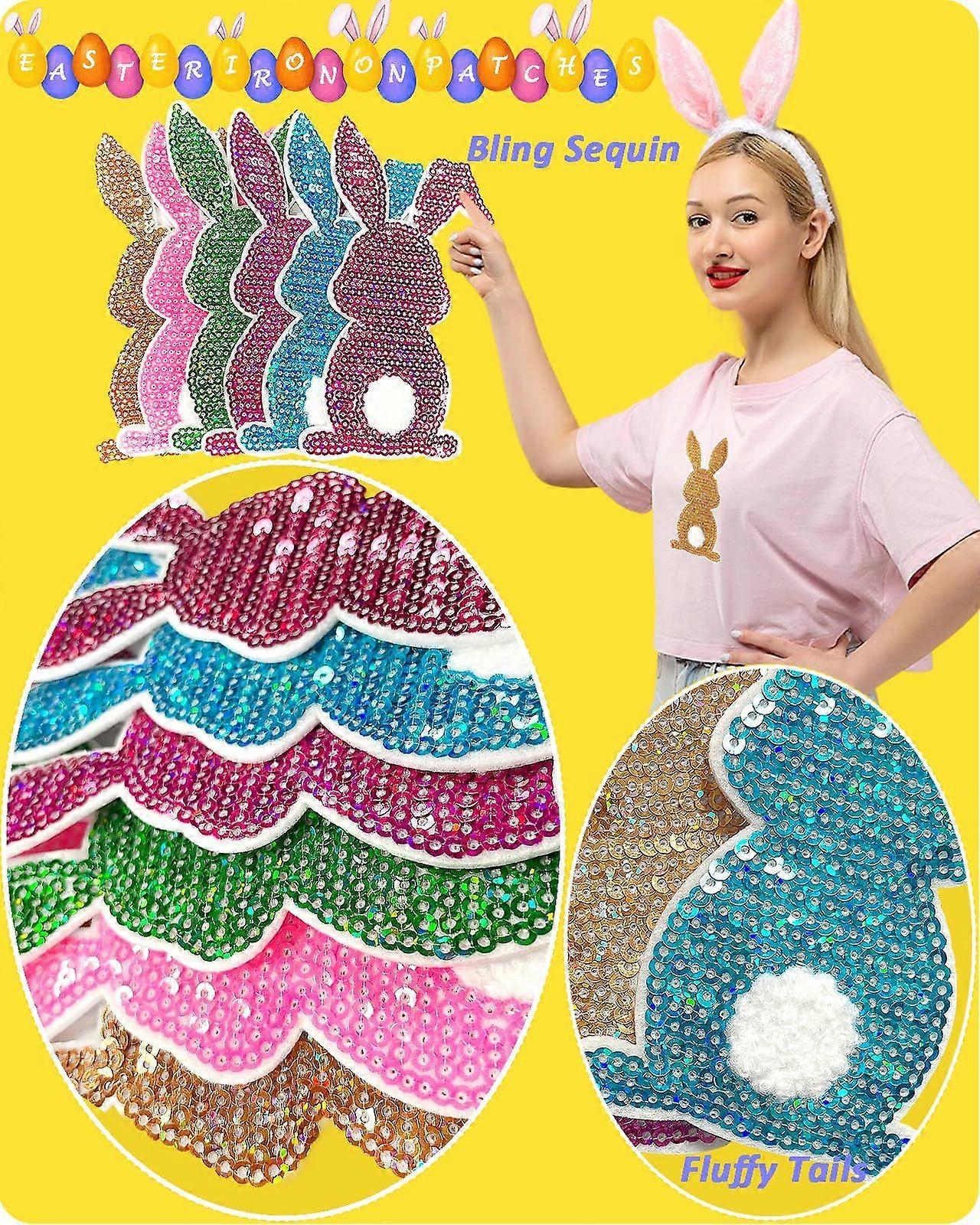 6 Pack Easter Iron-On Patches - Sparkle Bunny & Cute Rabbit Embroidered Appliques for Clothes, Hats, Jeans & Backpacks, Multi-Color