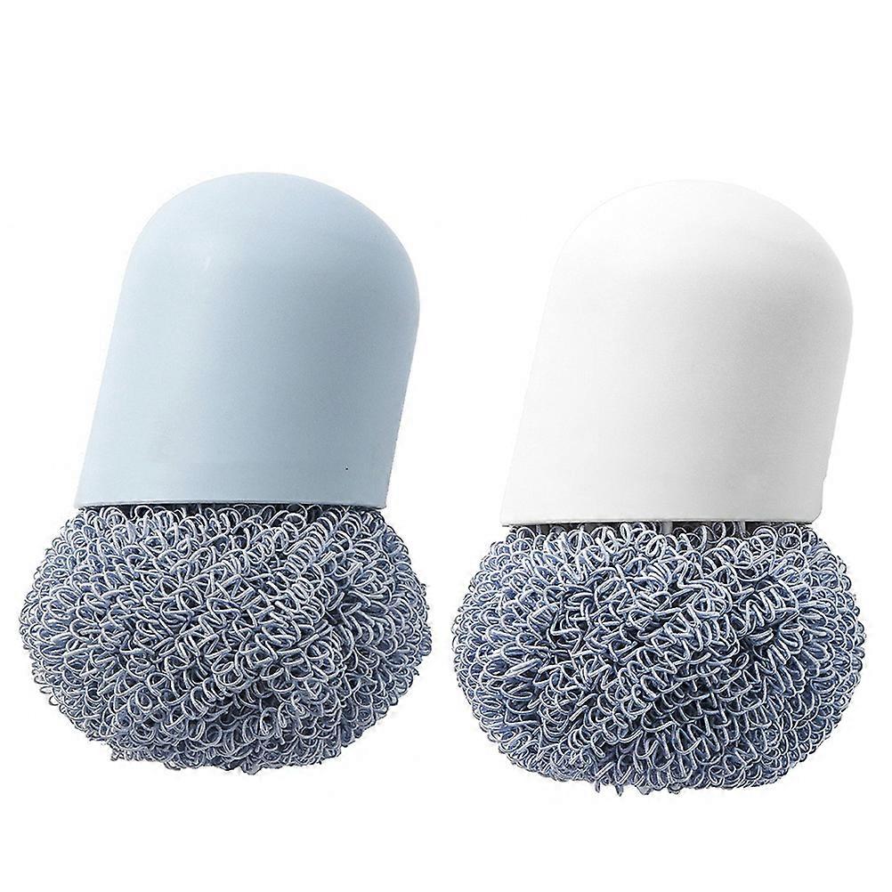 2 Pcs Polyester Cleaning Brush Household Cleaning Ball with Handle White Blue Each Color 1pc