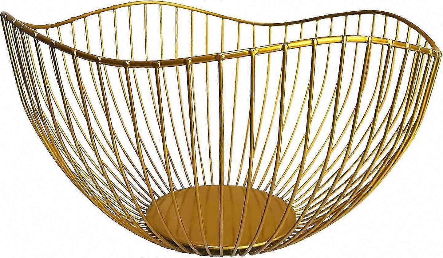 Gold Wire Fruit Basket for Kitchen Counter - Wave Design Serving Bowl & Fruit Dish