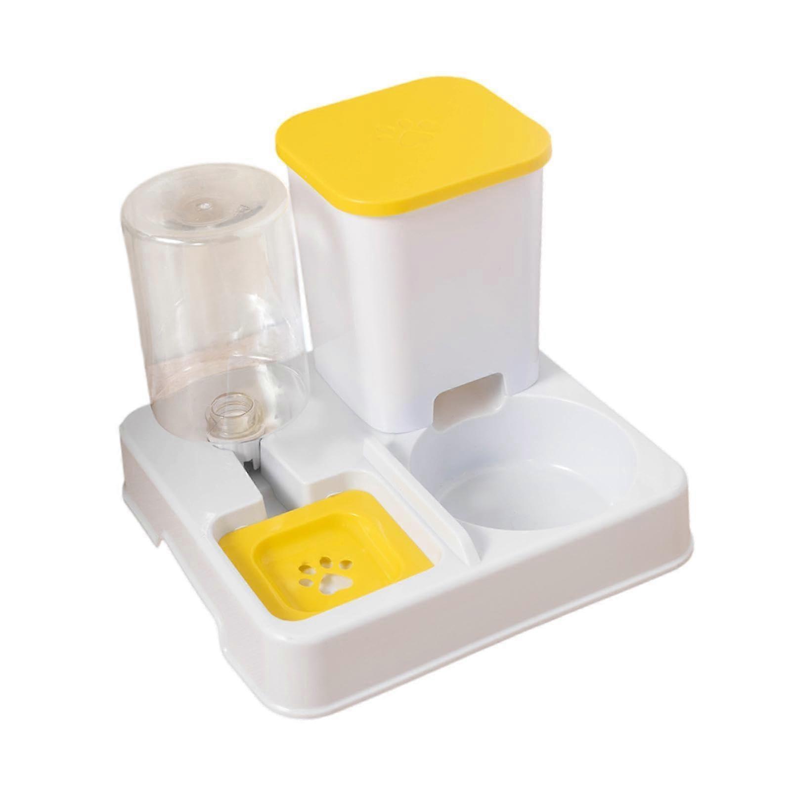 Automatic Cat Feeder Double Bowl AntiTipping Removable 2 in 1 Feeder and Water Dispenser for Puppy Travel Small Animals, Yellow White