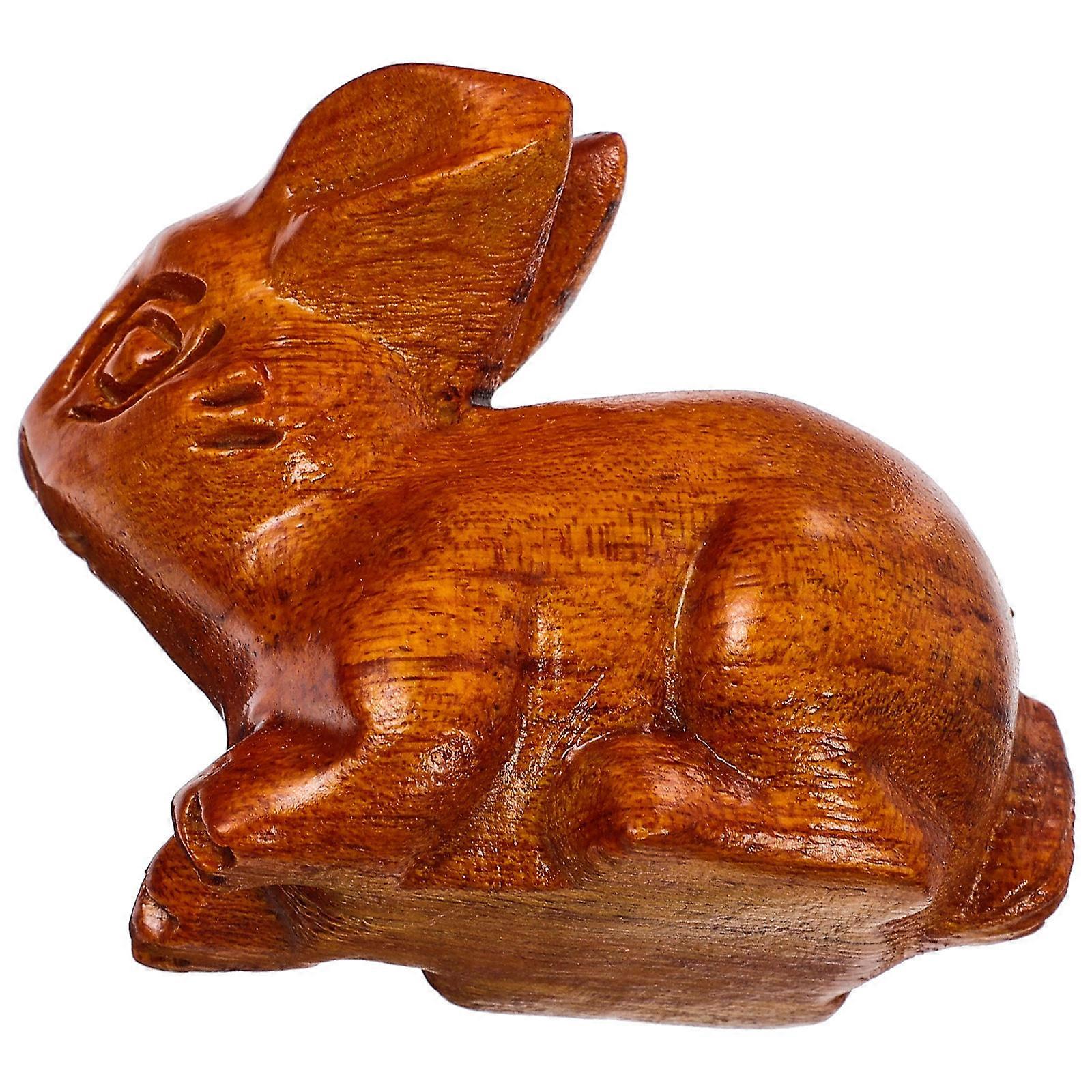 Light Brown Wood Craft Rabbit Statue for Home Use Decorative Bunny Ornament 4.7 Inches
