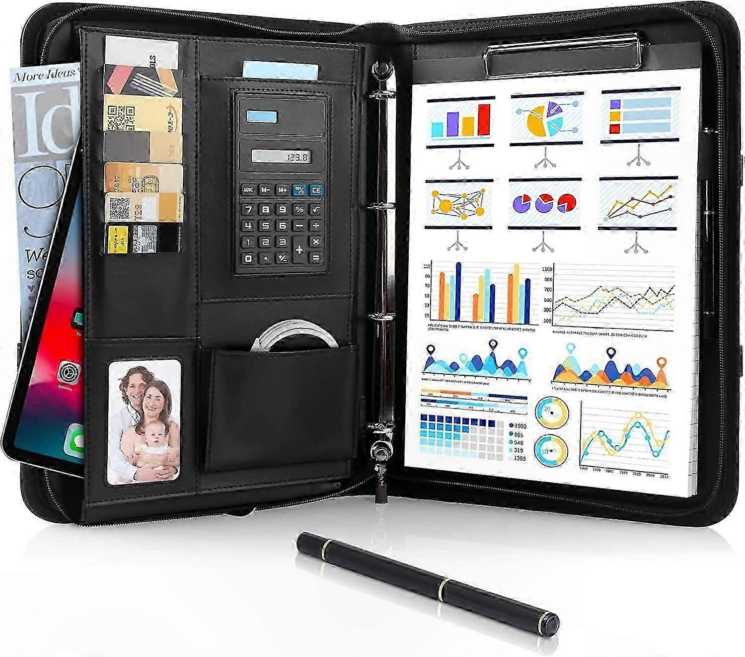 A4 Zippered Writing Portfolio Black Professional Document Organizer Sleek Design