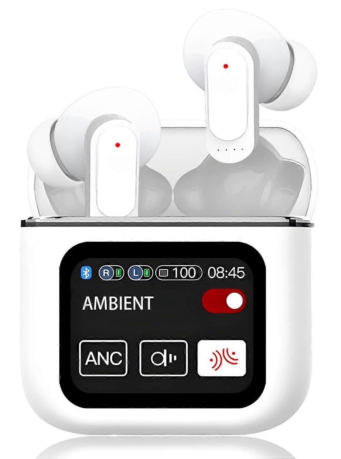 Wireless Earphones Active Noise Cancellation Bluetooth 5.4 Touch Screen Built-in HD Microphone IPX7 Waterproof Compatible with iOS/Android(White)