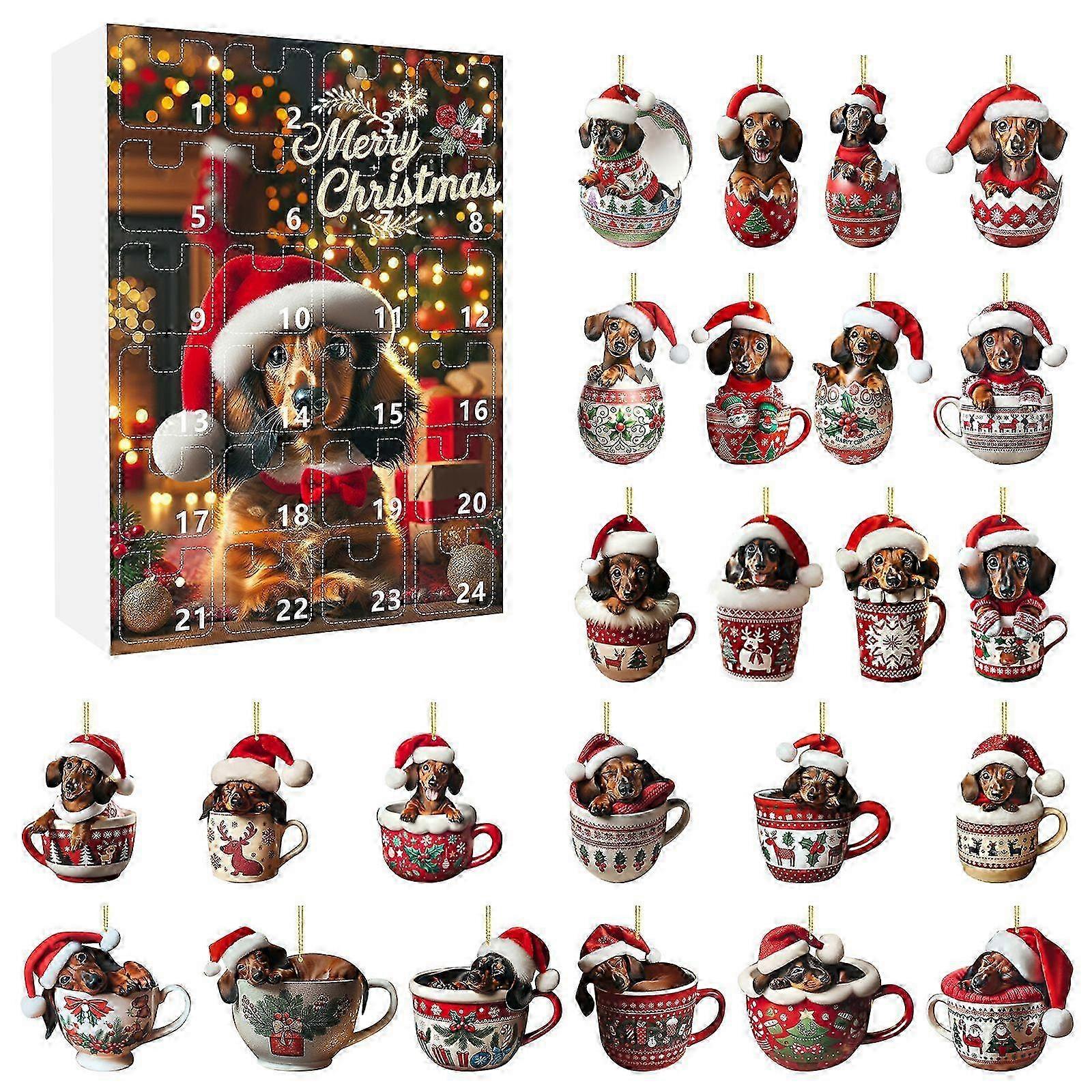 2024 Advent Calendar with Dachshund Pendant & 2D Xmas Tree Chicken Ornaments - 24-Day Christmas Countdown for Festive Vacations