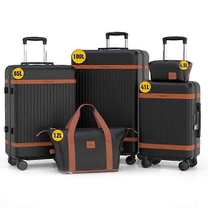 Set van 5 Reiskoffers, koffer 75cm-66cm-55cm + opvouwbare reistas + make-up etui Zwart