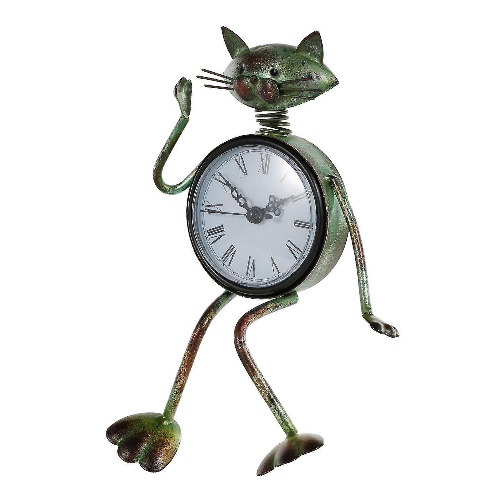 Cat Clock Handmade Vintage Metal Iron Cat Figurine Mute Table Clock Practical Clock One AA Battery(not include)