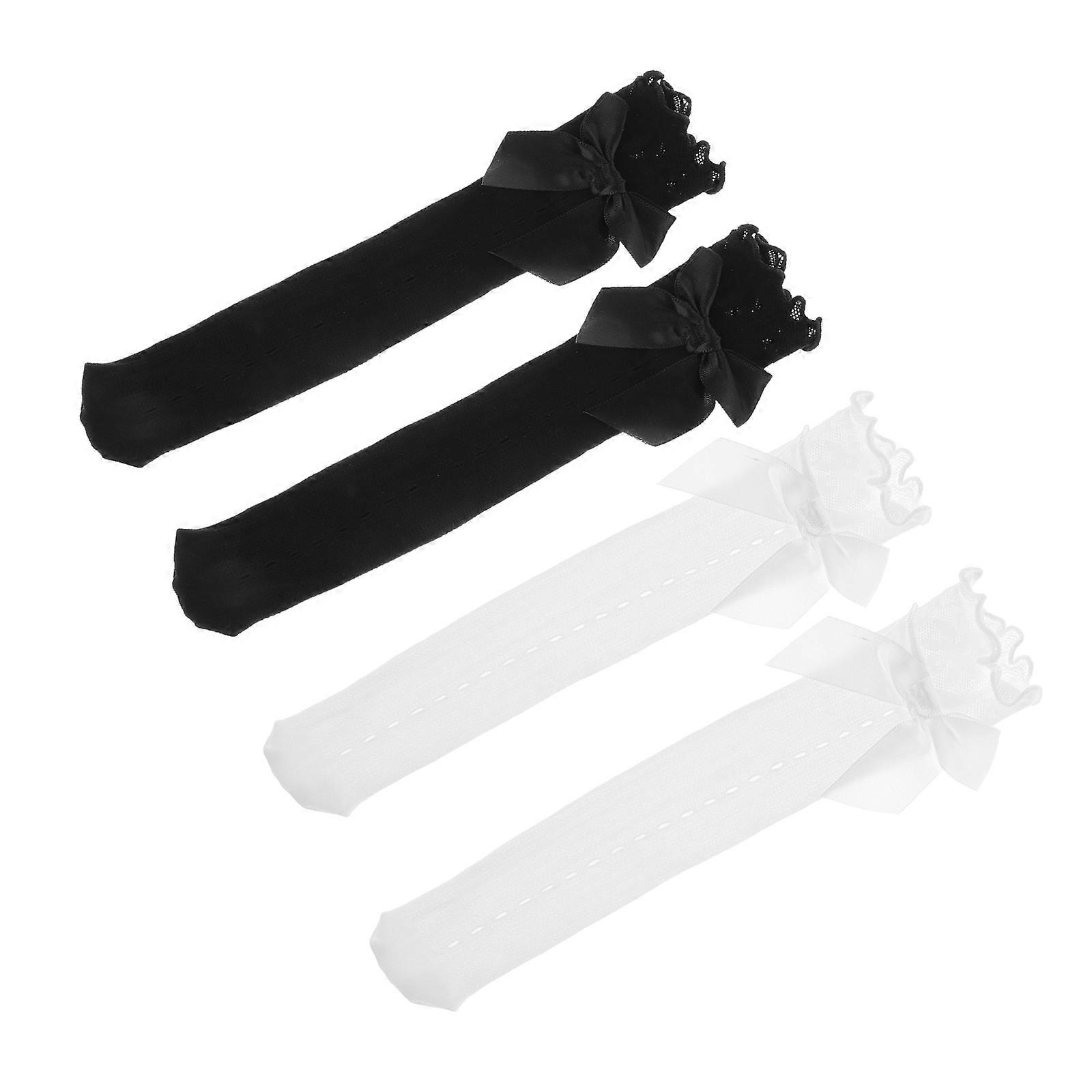 Knee-High Kids Socks 4 Pairs Assorted Color Lace Bow Decor Warmth Daily Wear Style Enhancement