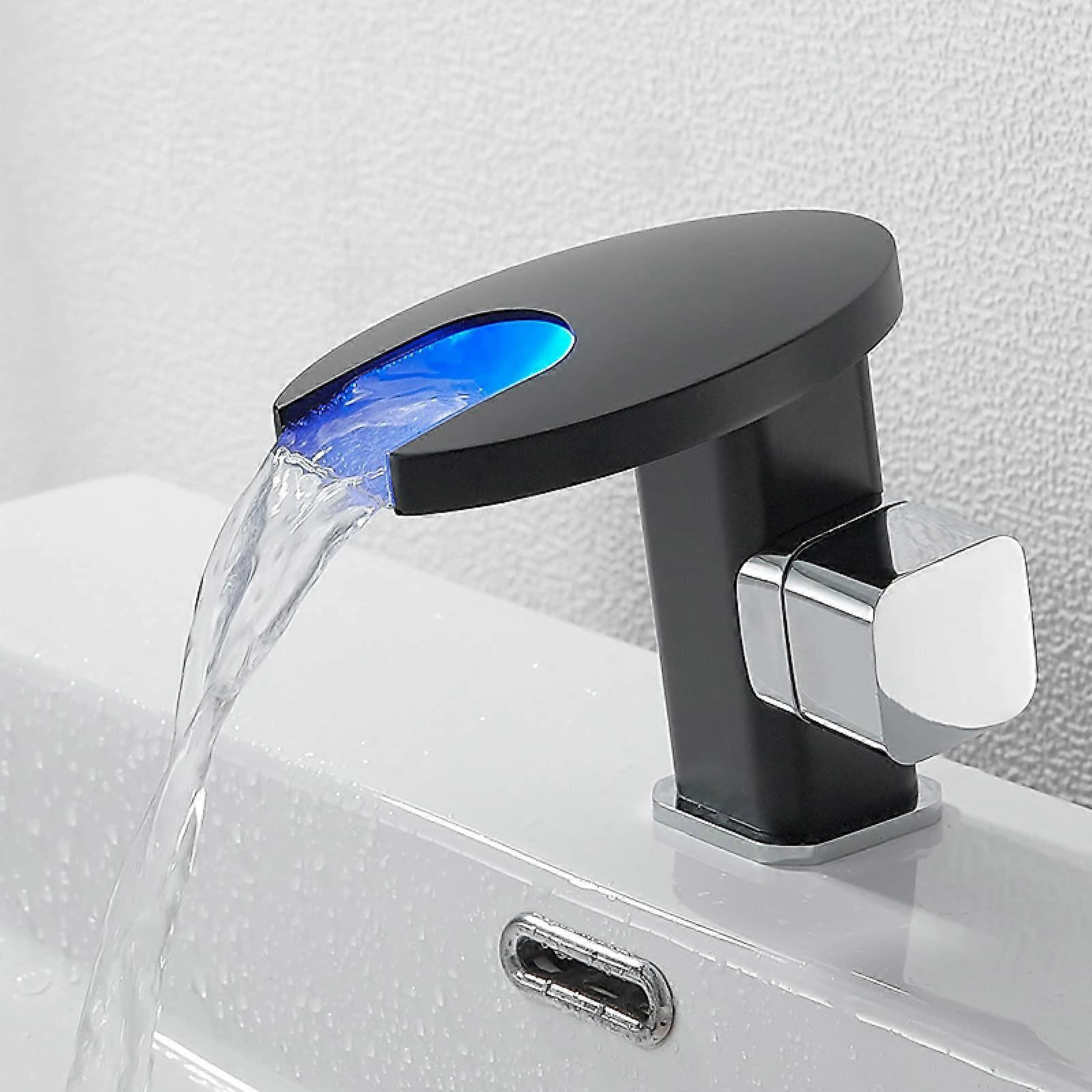 Waterfall Faucet LED Light 3Color Changing Spout Brass Brushed Gold Finish SingleHandle 1Hole Bathroom Sink Mixer