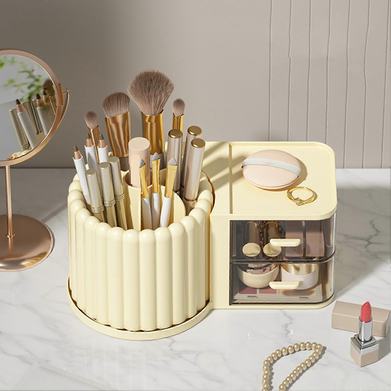 SUSUchens Storage Box Multi-grid Pen Holder Rotating Desktop Makeup Organizer with Transparent Drawer for Home Office School Pink