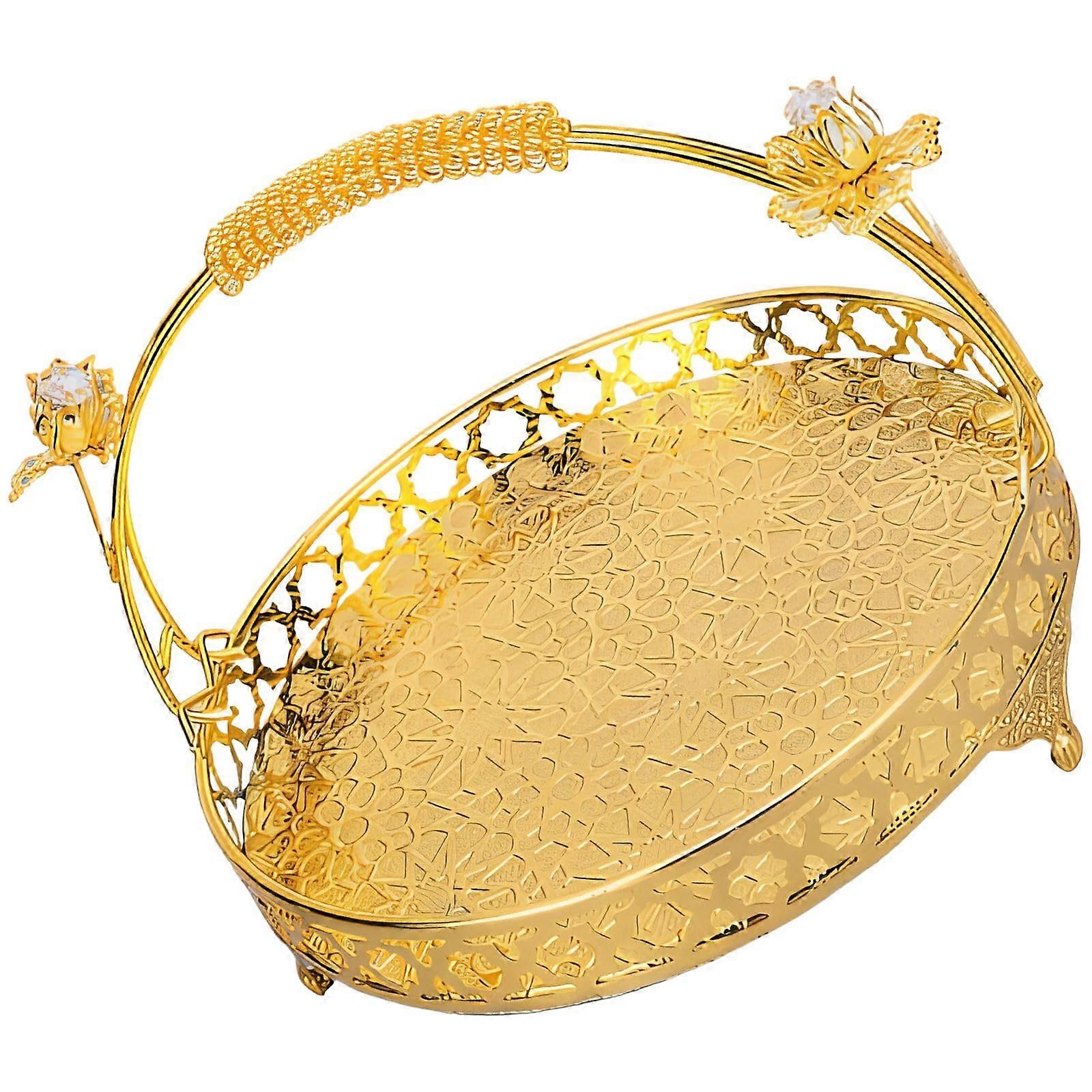 Round Metal Fruit Basket with Handle Decorative Serving Tray for Table Centerpiece Storage