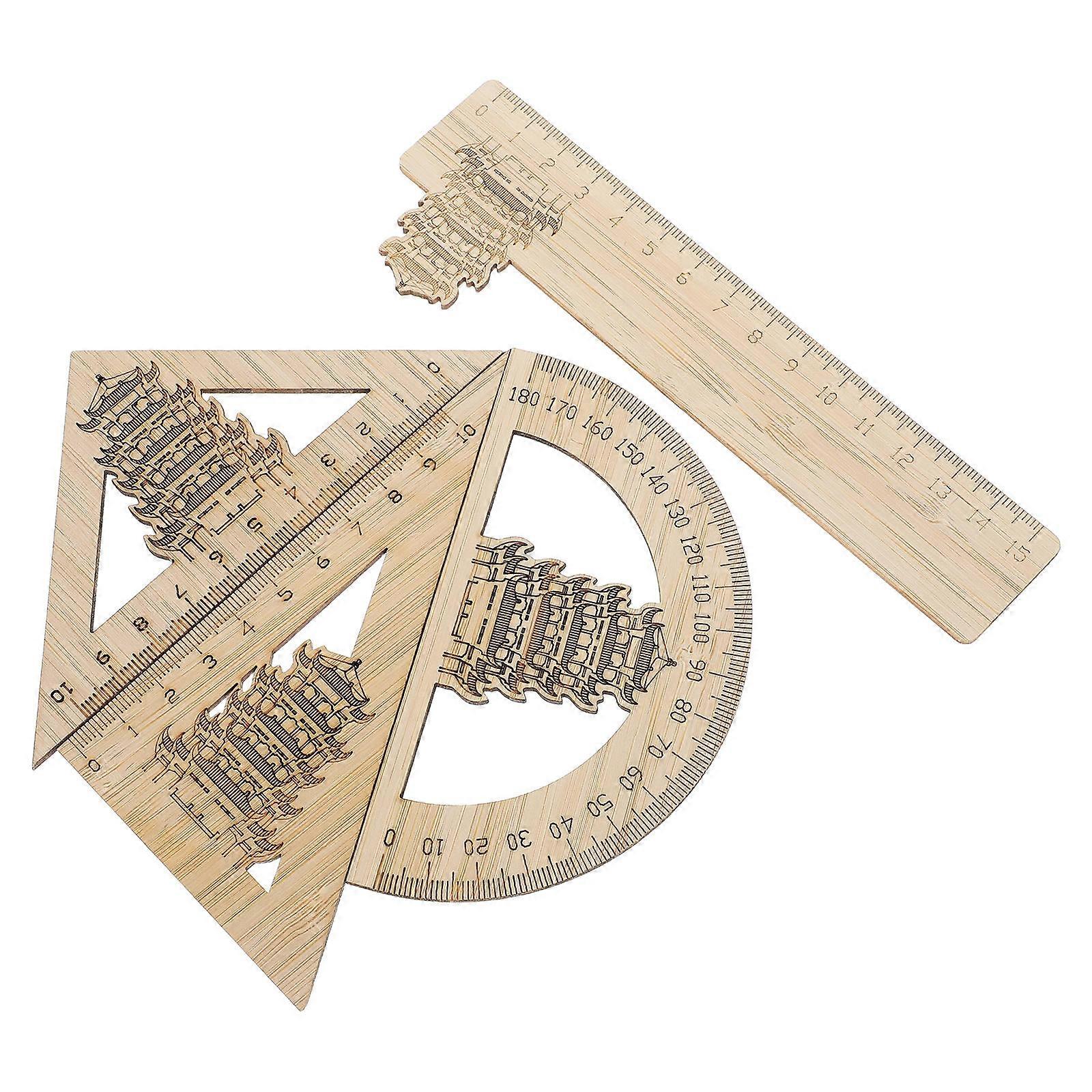 School Use Bamboo Ruler Set 4Pcs with Chinese Yellow Crane Tower Theme