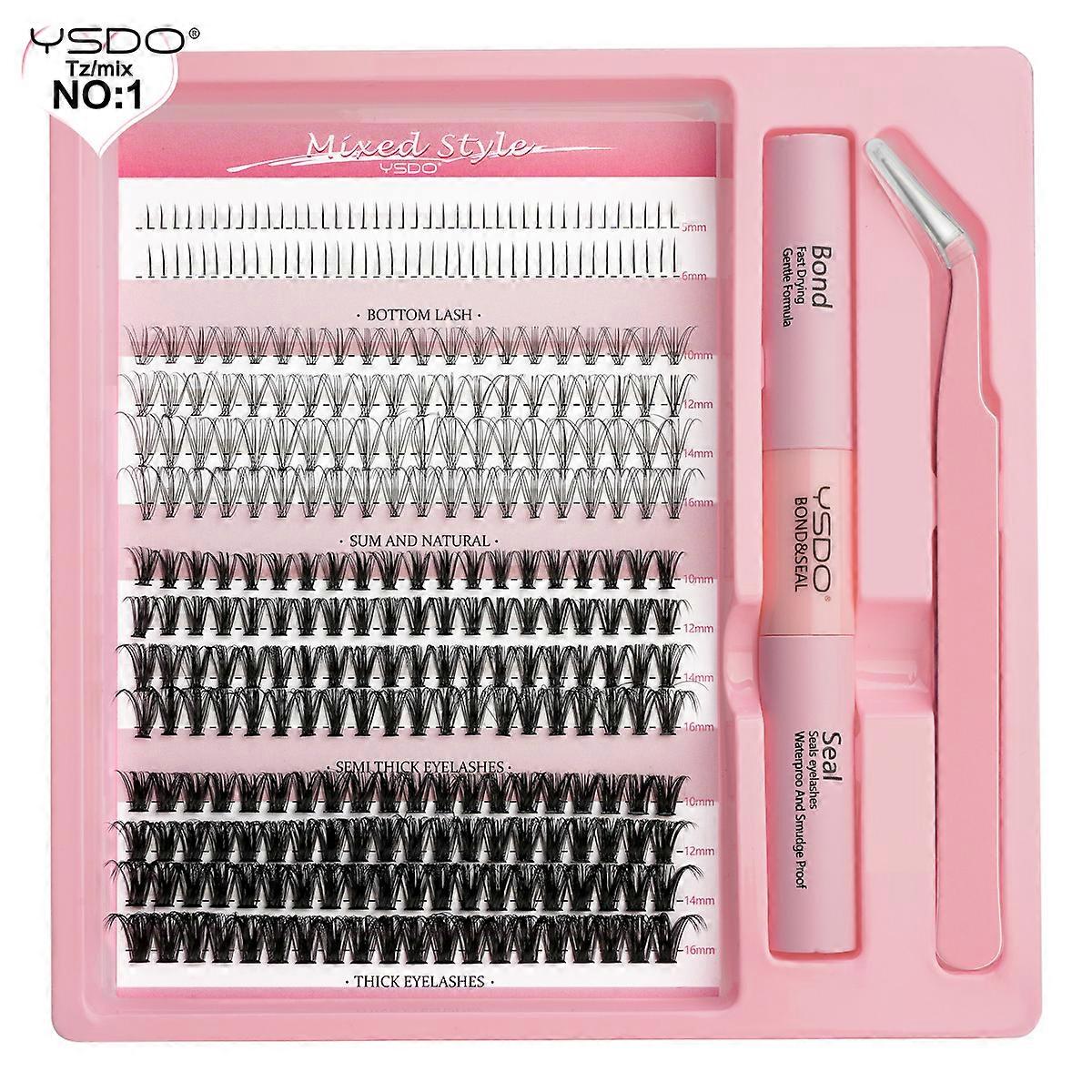 YSDO DIY Eyelash Extension Kit 14/32P Individual Lashes Set Cluster D Curl 9-16mm Mix 30D-120D Lash Clusters with Bond and Seal