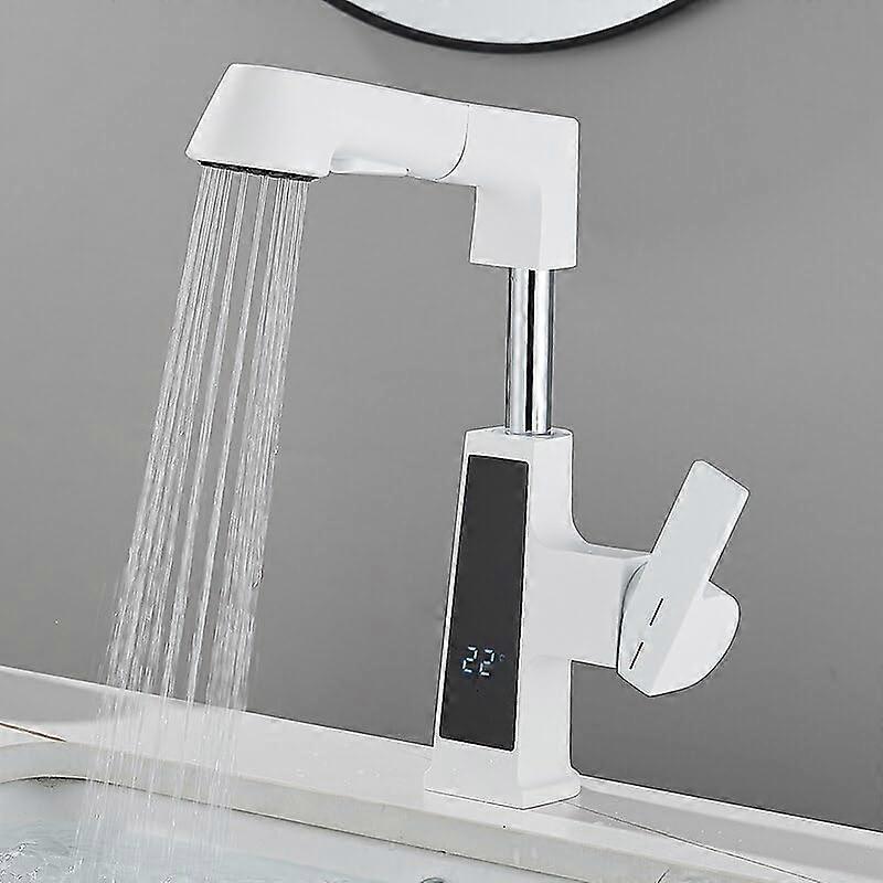 Black Smart Bathroom Faucet with Display, Pull Out Basin Mixer Tap, Hot and Cold Water, White