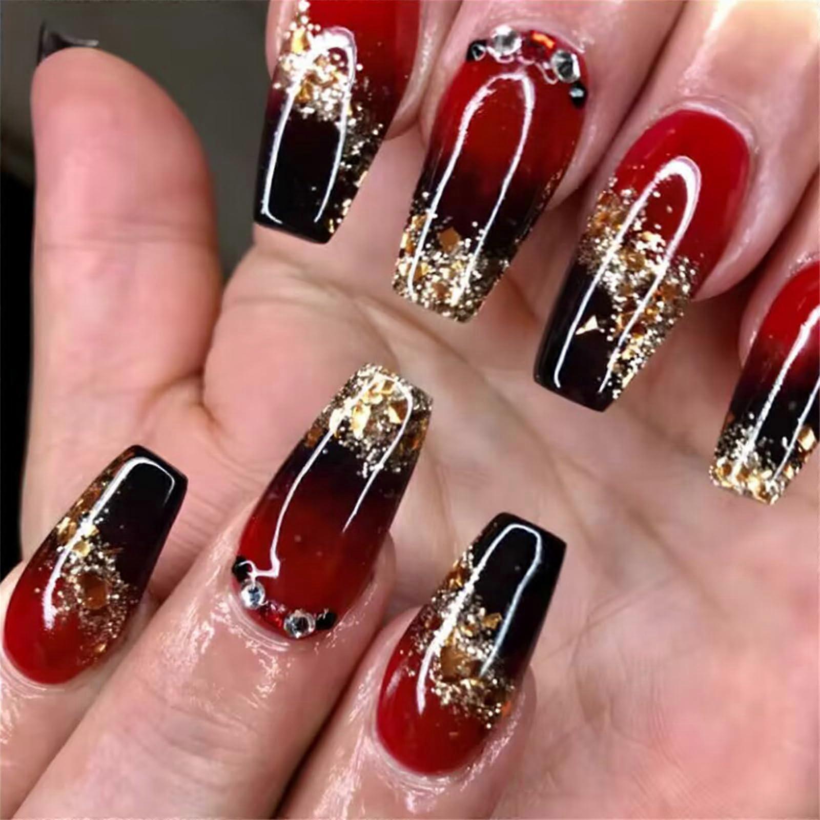 Medium Square Fake Nails with Glitter Diamonds Black Red Gradient Press On Full Cover Set 24pcs