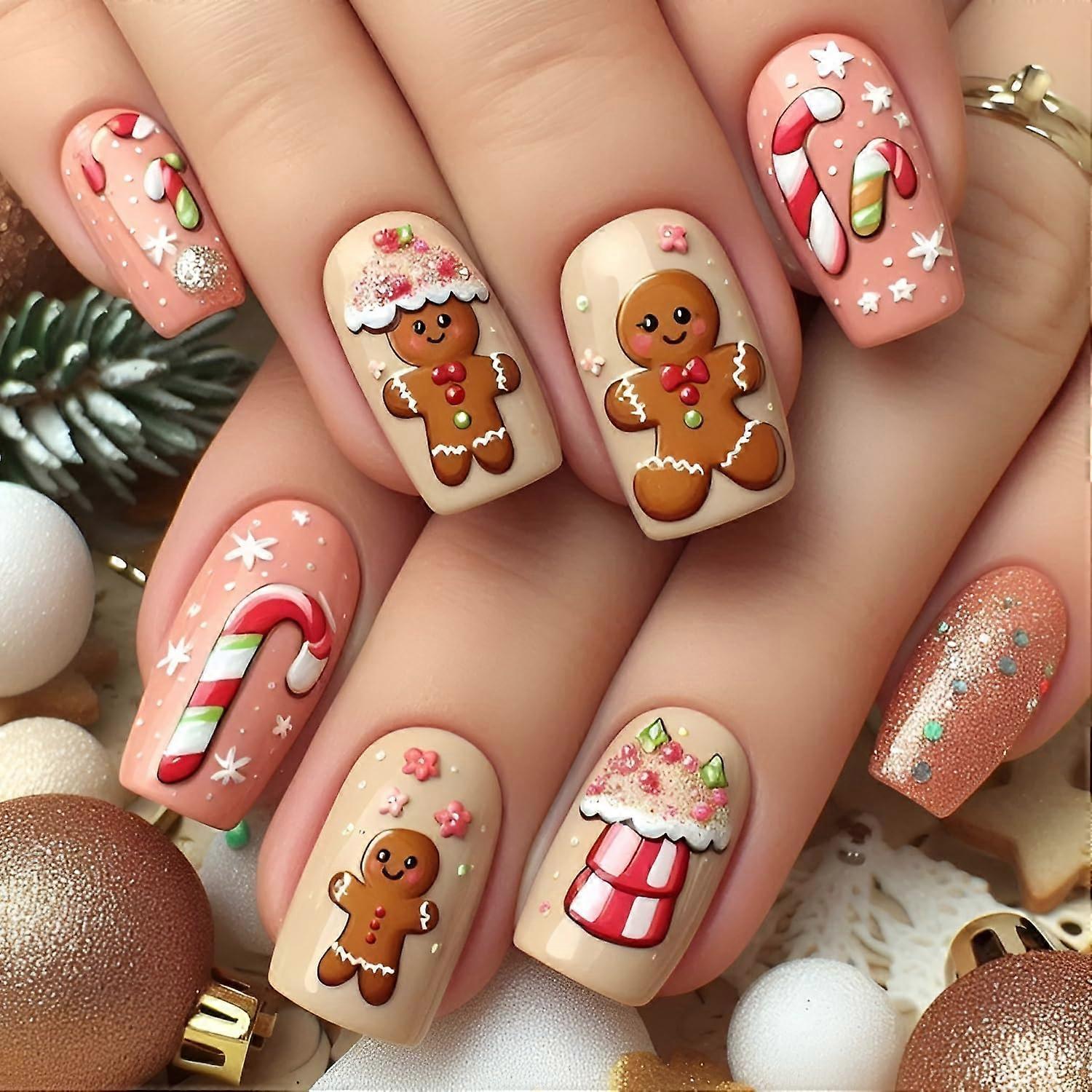 24pcs Christmas Press On Nails Medium Square Pink Brown Glitter Gingerbread Man False Nails Set