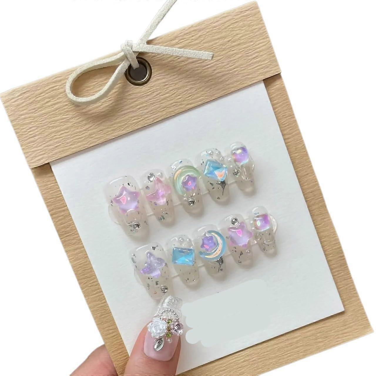 Brown Checkerboard Press On Nails with Teddy Bear Accent, Long Reusable Handmade Design