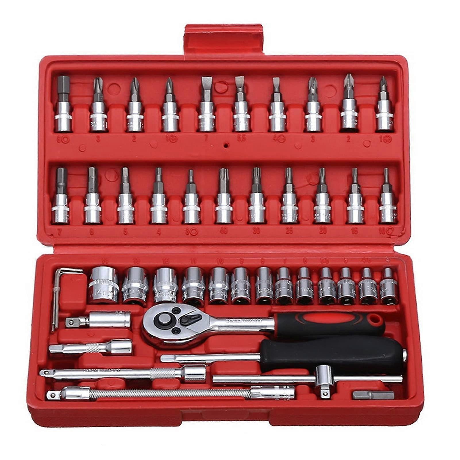 46 Piece 1/4 Inch Socket Wrench Set with Quick Release Ratchet, Chrome Vanadium Car  Tool Kit