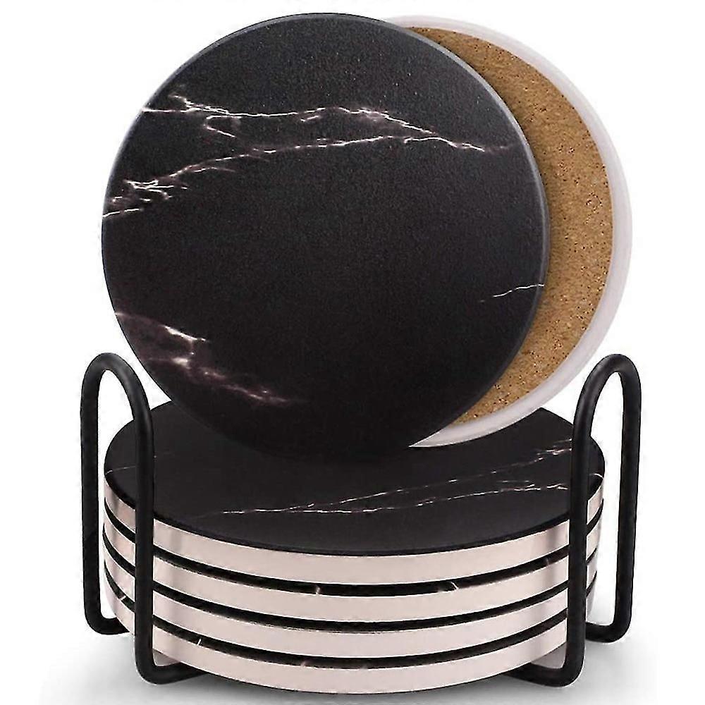 Coasters For Drinks, Ceramic Stone Coaster Set With Metal Holder Stand, Cork Base, Surface Pattern
