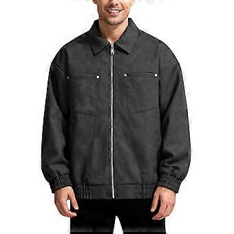 Herrjacka i PU-läder med dragkedja och slag, överdimensionerad retro streetwear, svart, storlek XXL