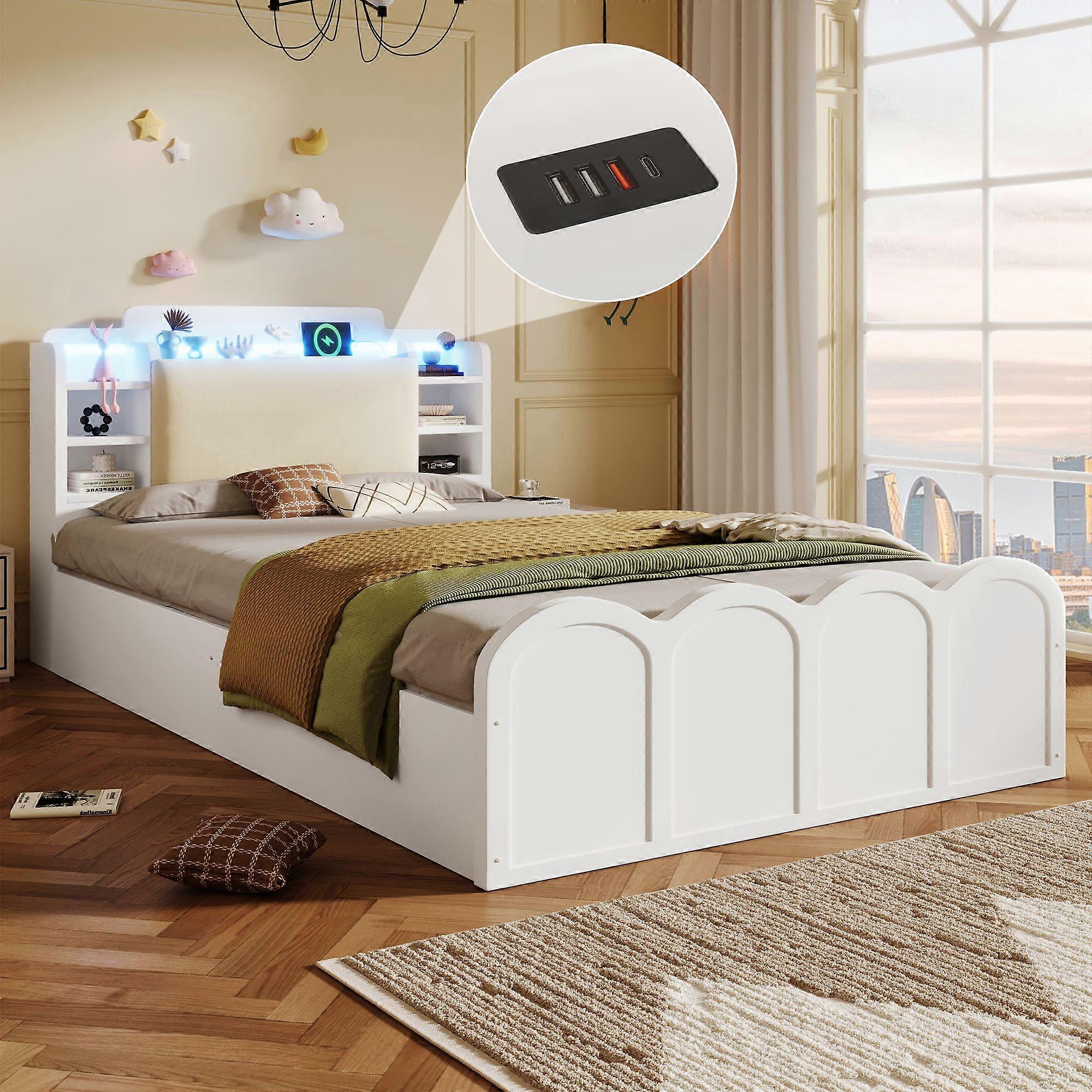 Panel bed, 90x200 cm, hydraulic, with USB Type-C charging function, LED lighting, push button/app control, without mattress, flip-top storage compartm