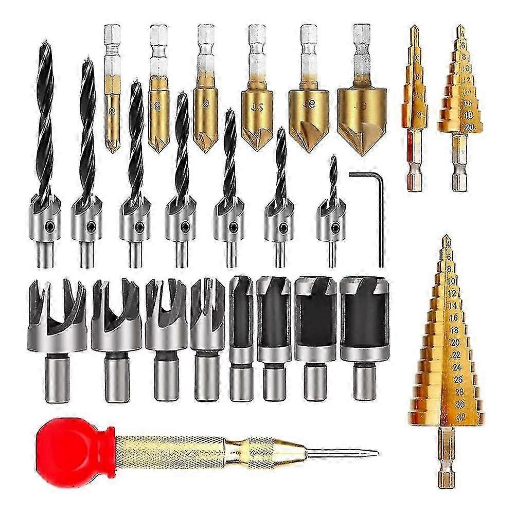 26-pack Woodworking Chamfer Drilling Tools Drill Bits Set Wood Plug Cutter Three Pointed Countersink