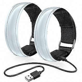 2pcs LED Light Armband, White Rechargeable Reflective Adjustable Flashing Wristband for Kids Adults, Safety Running Band