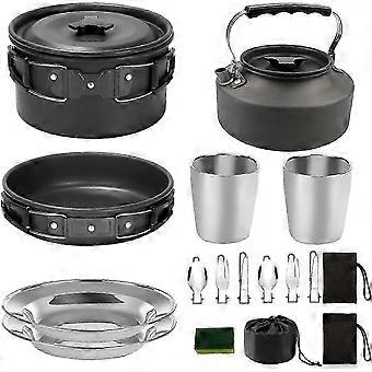15pcs Lightweight Camping Cookware Mess Kit, Non-Stick Pot Pan Kettle Set with Stainless Steel Cups Plates Foldable Cutleries