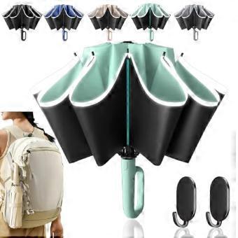 Reverse Folding Automatic Travel Umbrella with Reflective Strip, Windproof 10‑Rib UV Protection, Green